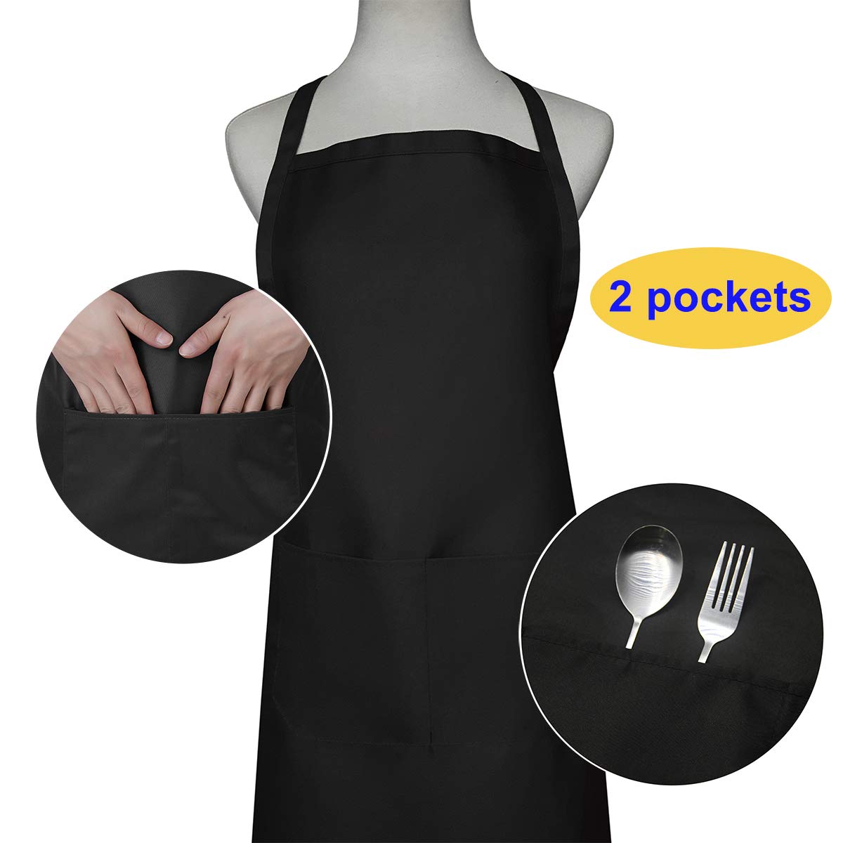 Hi Loyaya 2 Pack Black Chef Hat And Apron Set, Kitchen Cooking Bib Aprons For Men Women Chef With Pockets For Bbq Grilling Bakin