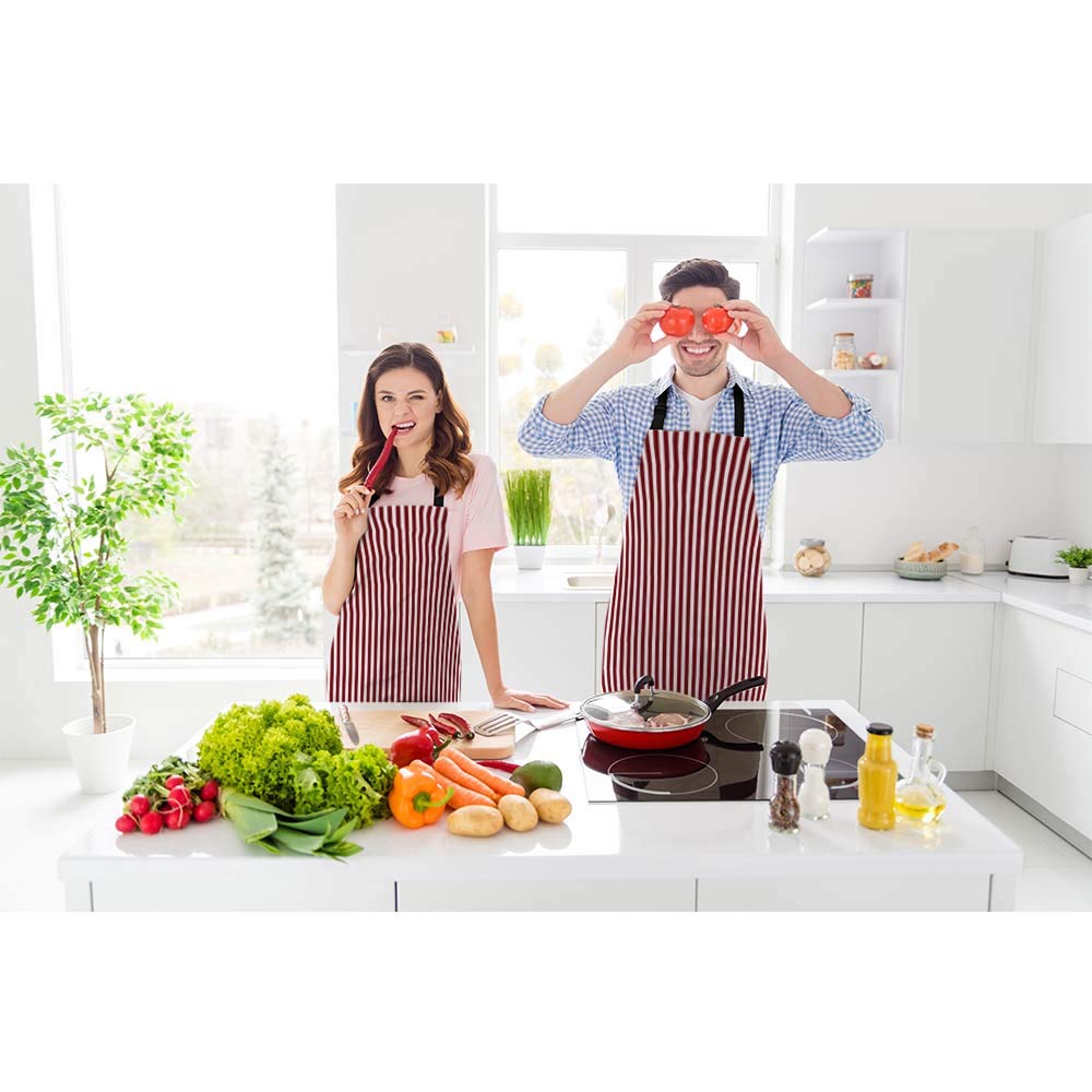 Beabes Red Vertical Stripe Pattern Kitchen Apron Simple Endless Retro White Red Lines Cooking Bib Apron For Chef Restaurant Home