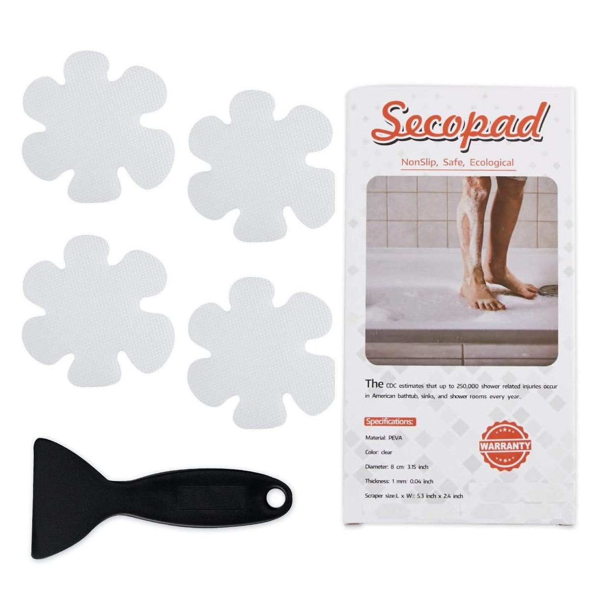 Secopad Original Bathtub Stickers Non-Slip, 24Pcs Safety Shower Treads Adhesive Appliques With Premium Scraper