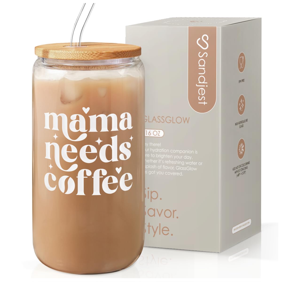 SANDJEST Mom Glass Can, Mama Needs Coffee Cup with Lid & Straw, Iced Coffee Aesthetic Cups, Idea Gifts for Christmas Birthday Mo
