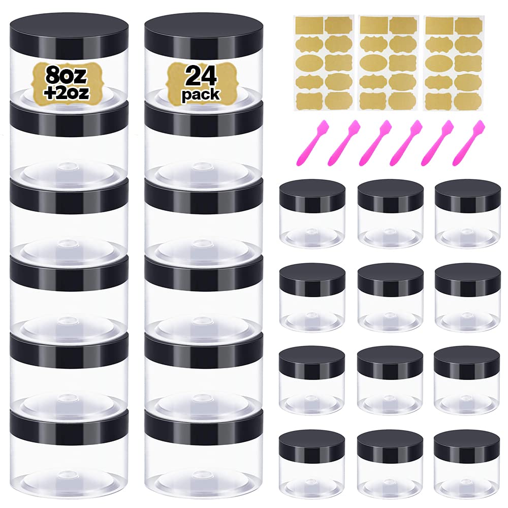 8 Oz Plastic Containers With Lids + 2Oz Small Containers With Lids (Set Of 24) Plastic Jars With Lids Cosmetic Jar - For Lip Scr