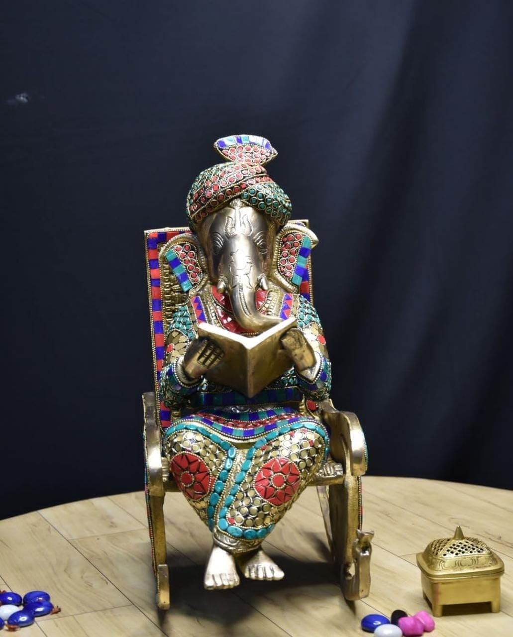 Artsikia Brass Ganesha On Chair | Lord Ganesh Sitting On Chair & Reading Book | Inlay Work Pillayar Murti | Home Decor/Showpiece