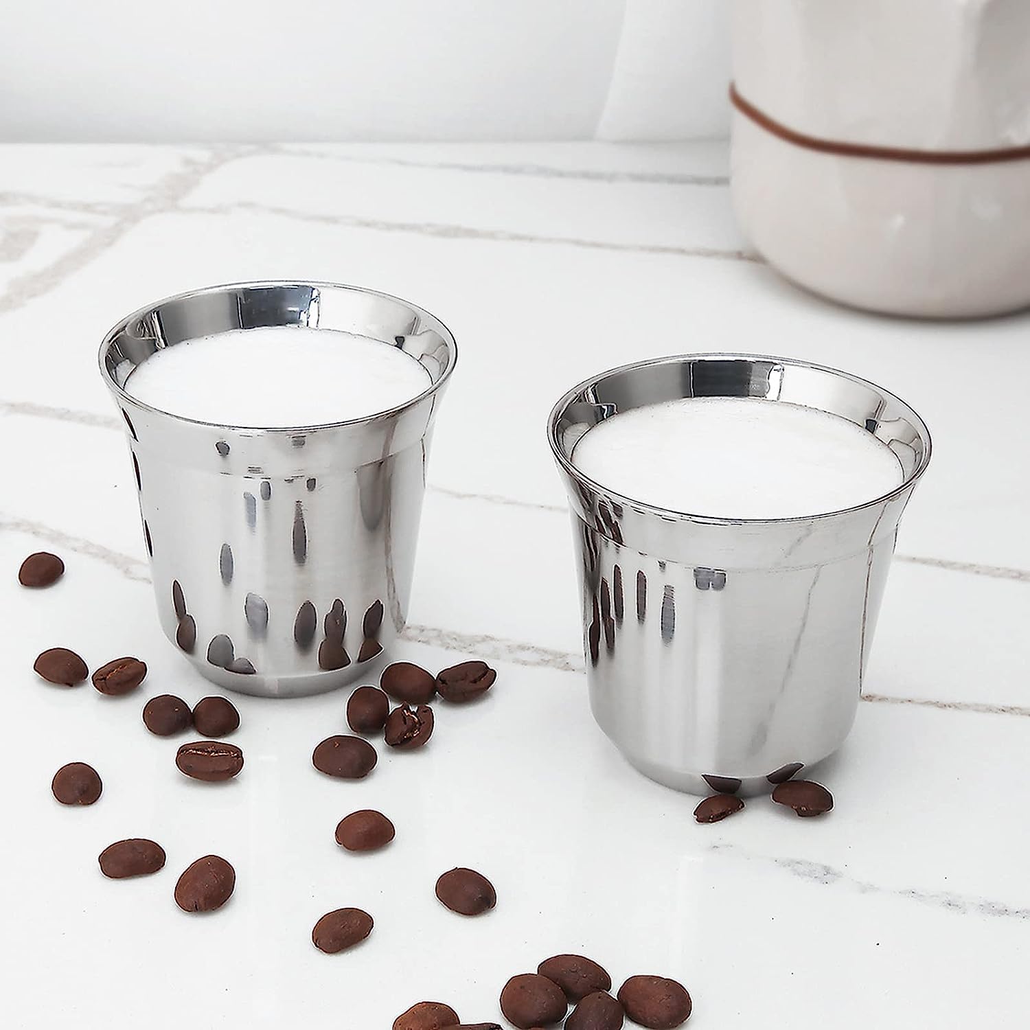 Easyworkz Stainless Steel Espresso Cup 2Pcs Set Double Wall Insulated Metal Demitasse Cups (Silver, 2.5 Oz)