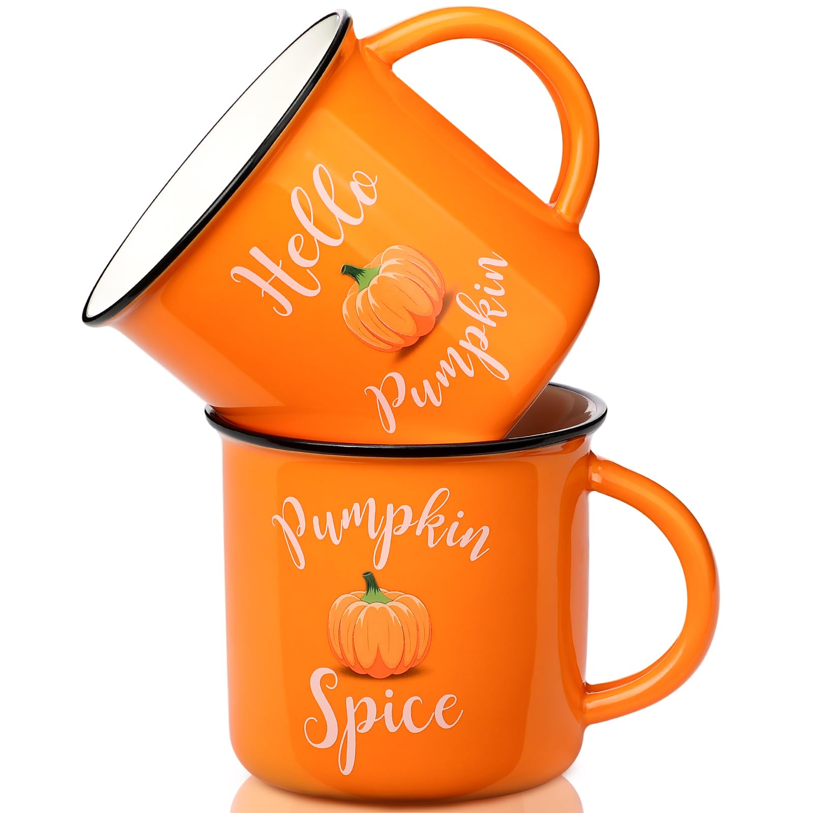 Mumufy 2 Pcs 14 oz Hello Pumpkin Mugs Ceramic Fall Coffee Mug Autumn Pumpkin Drinking Cups for Fall Halloween Thanksgiving Kitch