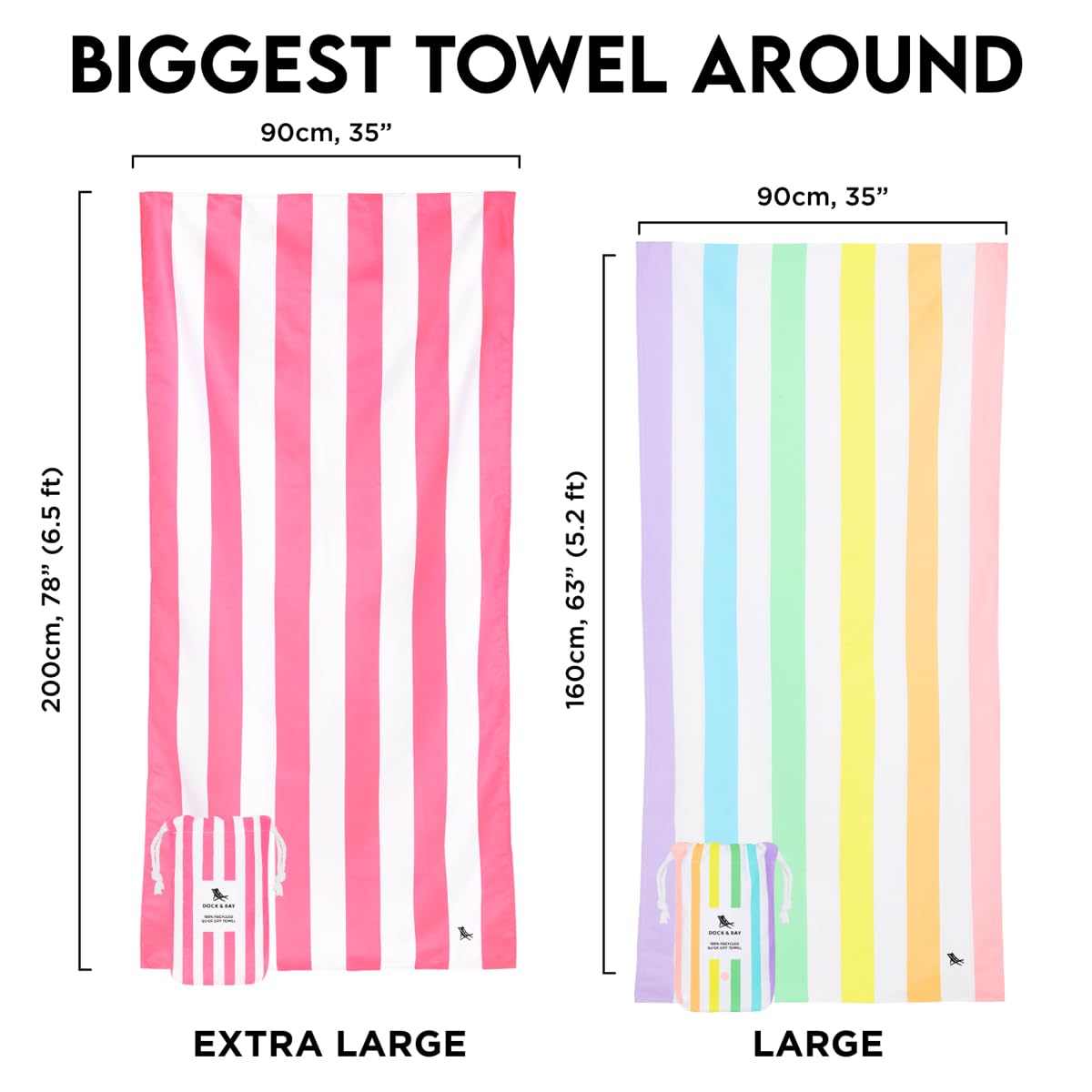 Dock & Bay Beach Towel - Quick Dry, Sand Free - Compact, Lightweight - 100% Recycled - Includes Bag -Cabana - Set J (6), Extra L