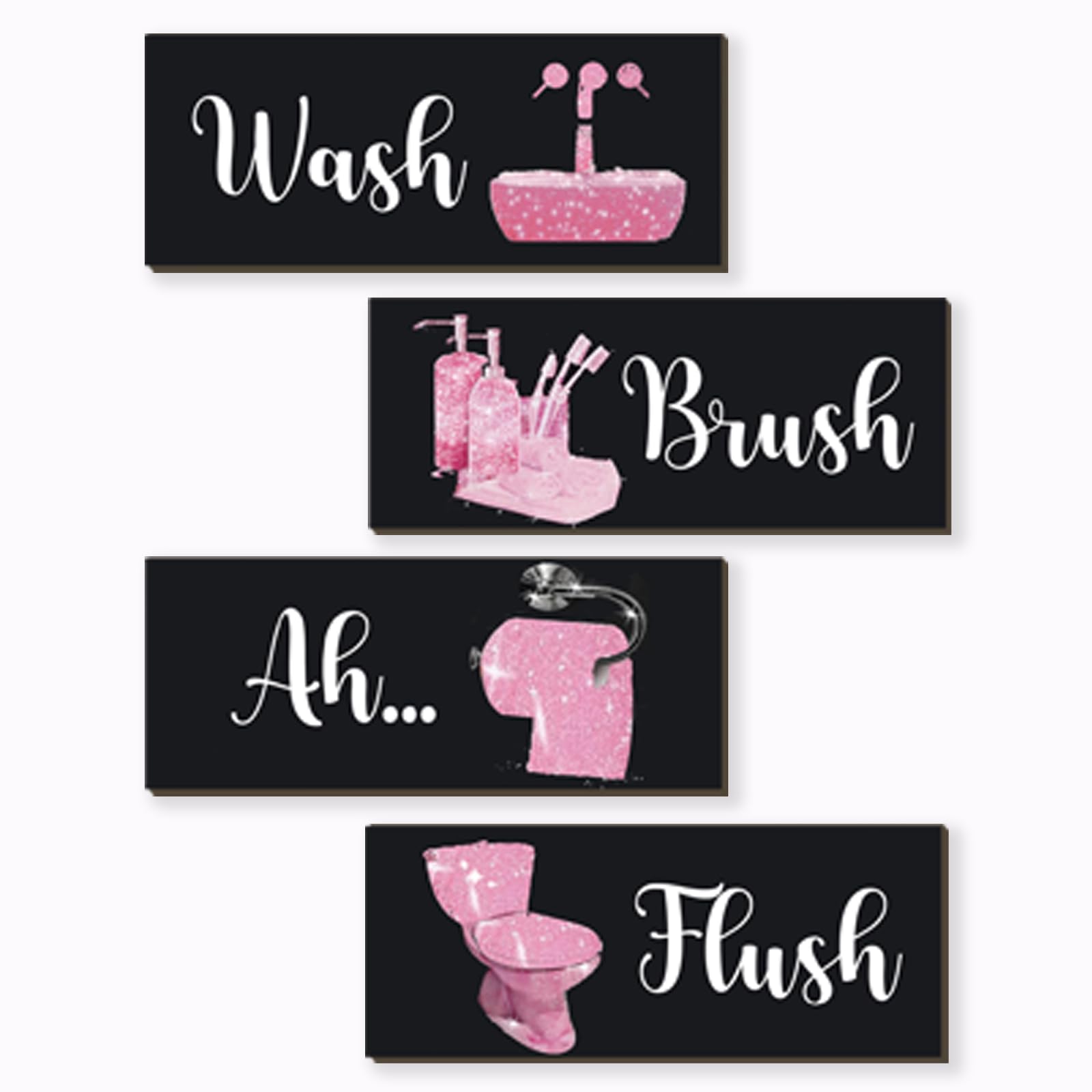 FENCORDAR 4 Pcs Pink Bathroom Decor Funny Pink And Black Bathroom Decor Wooden Modern Funny Glitter for Home Toilet Decoration(1