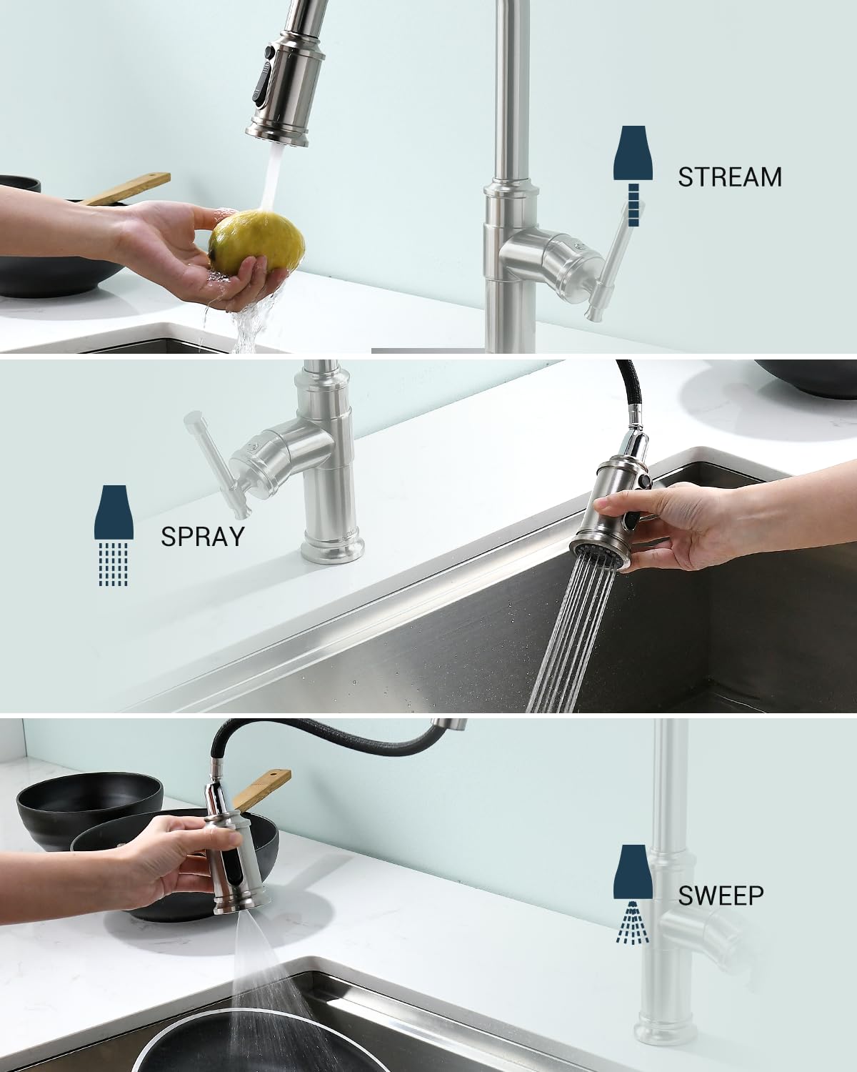 Pull Down Kitchen Faucet With Sprayer Brushed Nickel, Dayone Single Handle Antique One Hole High Arc Pull Out Kitchen Sink Fauce