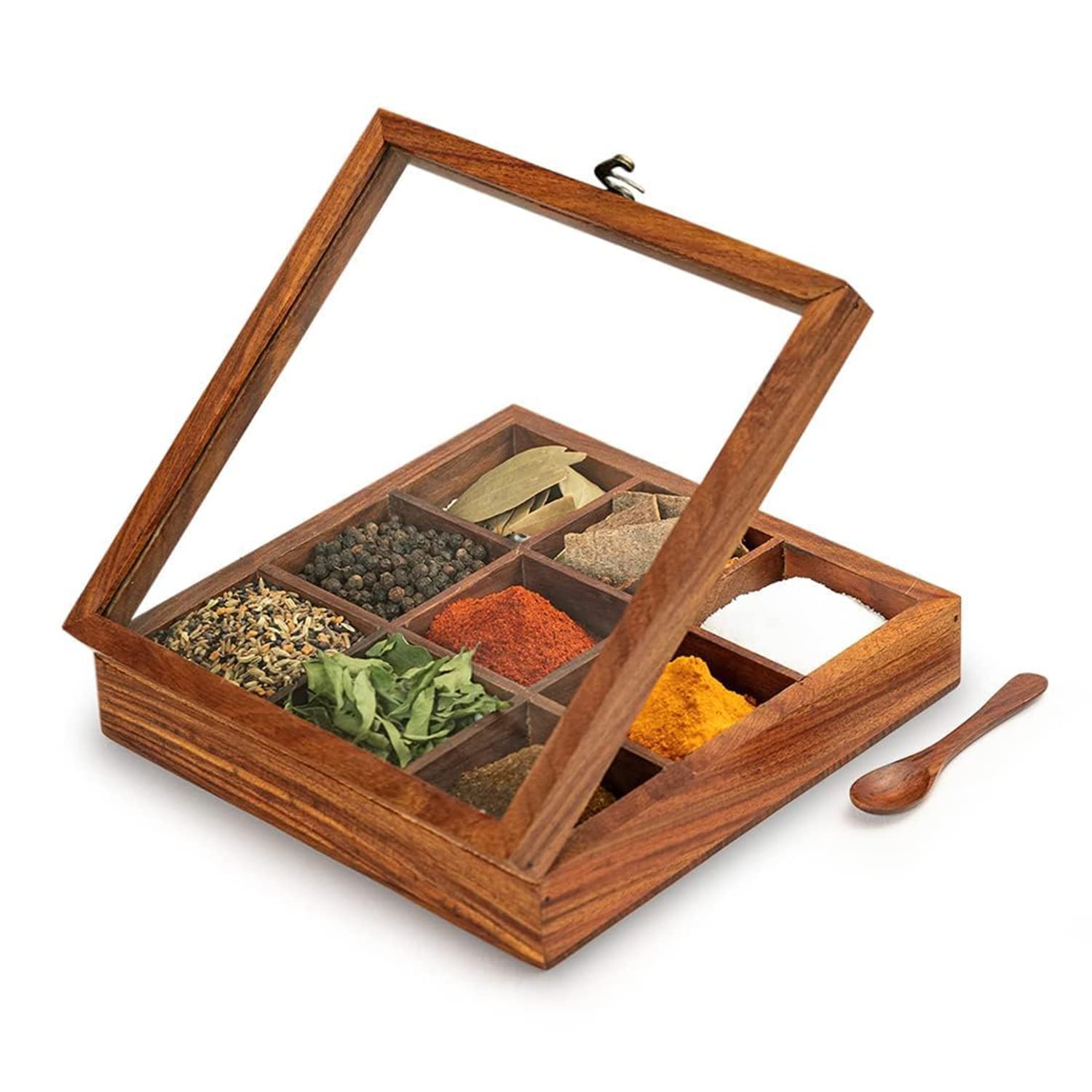 ExclusiveLane Wooden Indian Spice Box With Spoon (9 Partitions, 50 ML Each, Sheesham Wood) - Indian Spice Boxes for Kitchen Masa