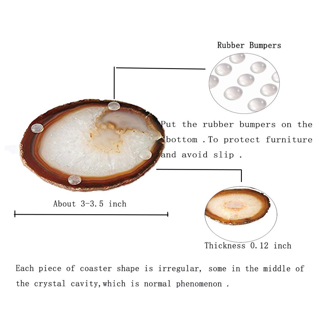 Jic Gem Natural Sliced Agate Coaster With Rubber Bumper Set Of 4 (3-3.5'', Natural)
