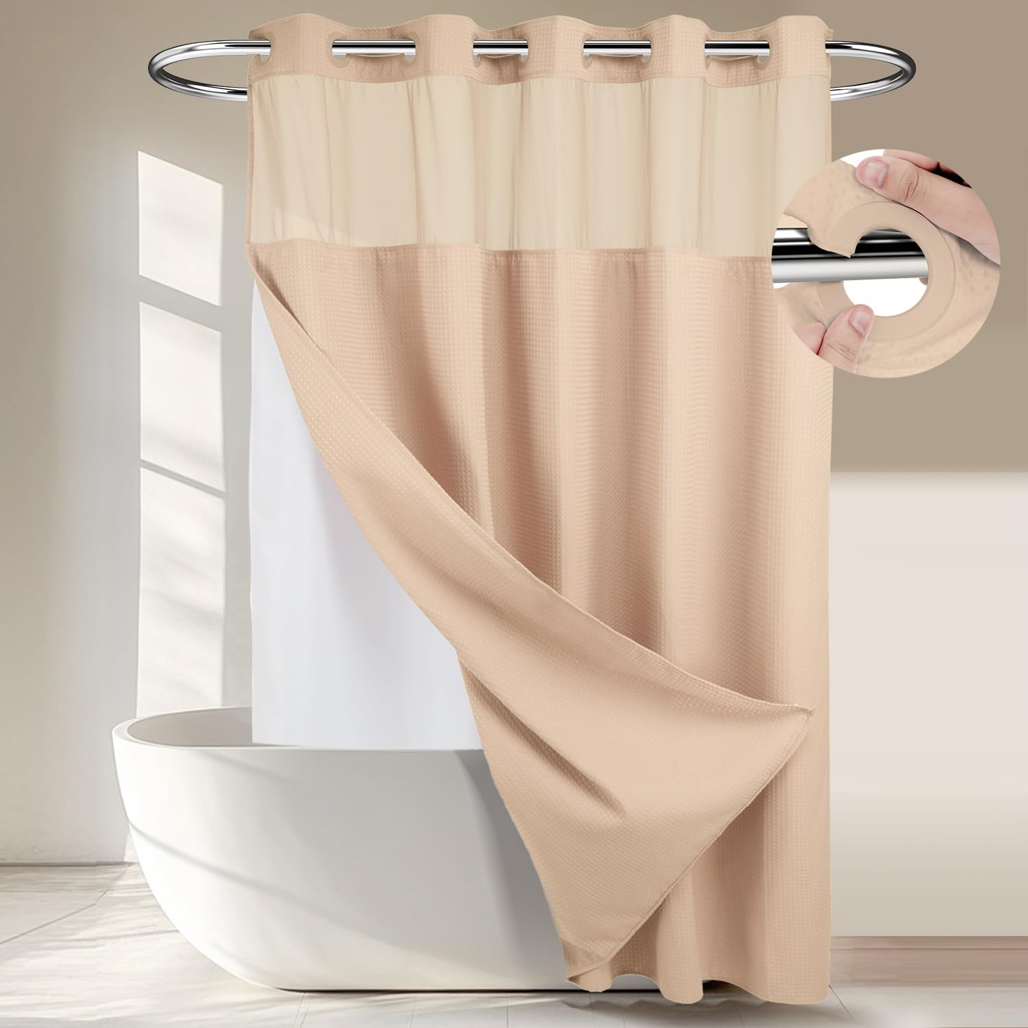 No Hooks Required Waffle Weave Shower Curtain with Snap in Liner - 71W x 74H Hotel Grade Spa Like Bath Curtain Pink