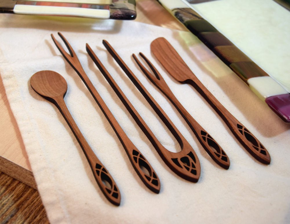 American Made 5-Piece Wild Cherry Wooden Appetizer Serving Set, Cathedral Collection: Olive Fork, Pickle Fork, Spoon, Tongs, Spr