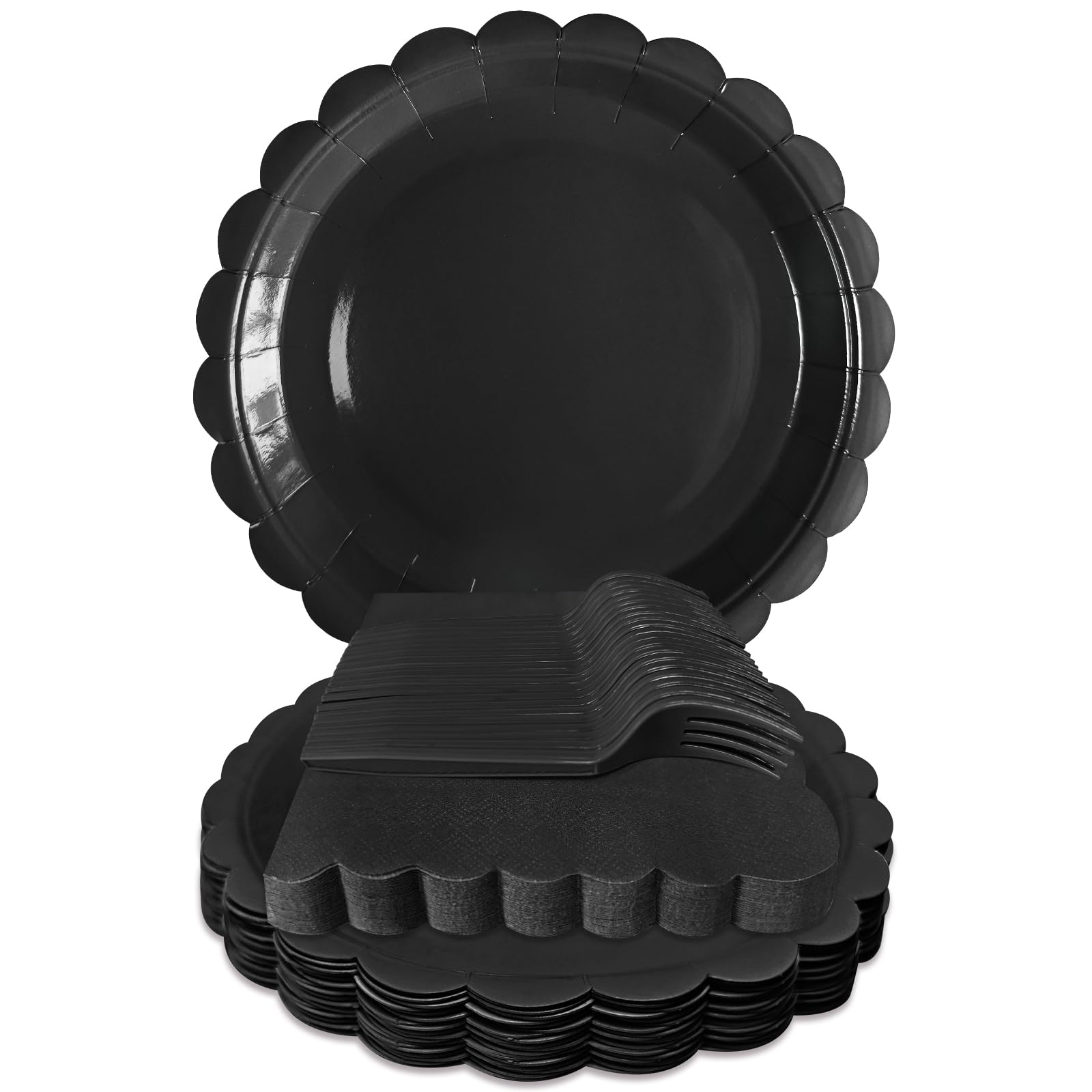 WYQJHKV Black Paper Plates and Napkins,7 Inch Black Scalloped Disposable Dessert Plates Paper Napkin Fork Party Supplies for Wed