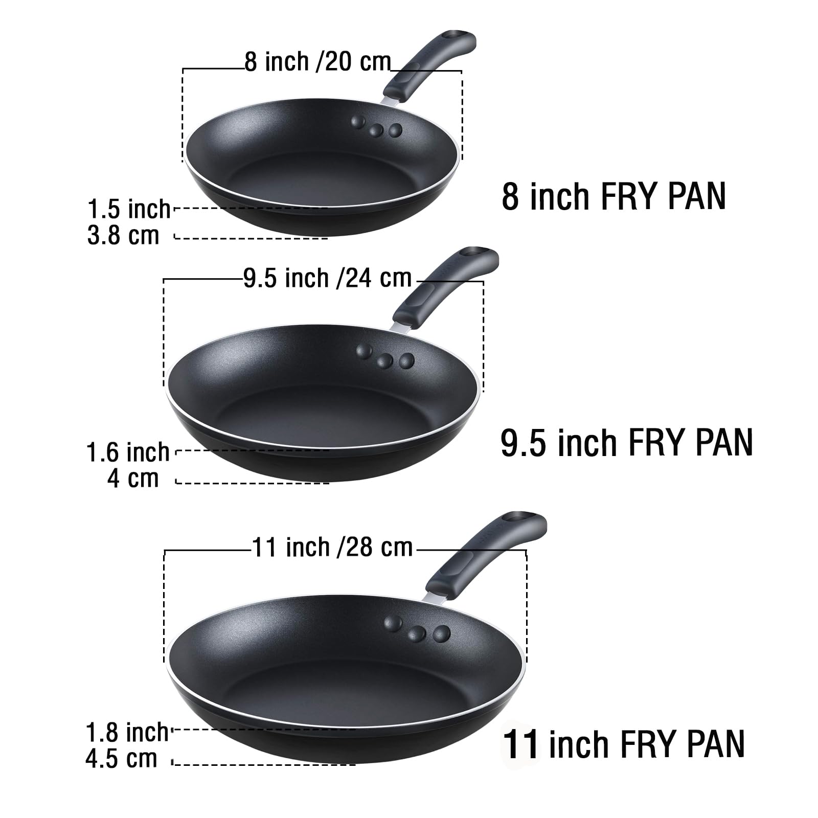Cook N Home Basics Nonstick Frying Pan Set, 8/9.5/11-Inch 3-Piece Non Stick Saute Fry Pan Skillet Set, Black