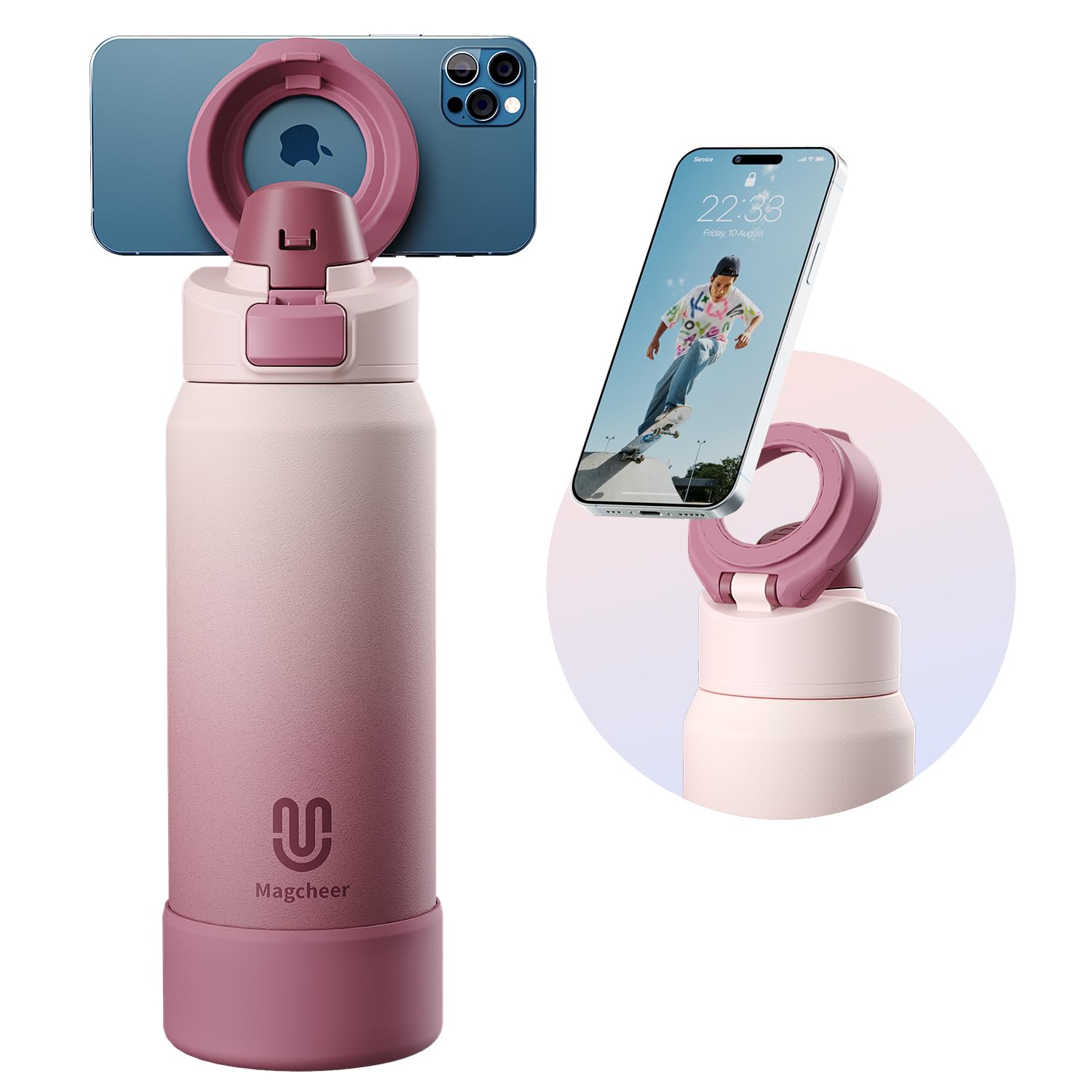 Magcheer Insulated Magnetic Water Bottle - Reusable Stainless Steel Bottle with MagSafe Compatible Phone Holder - Perfect for Gy