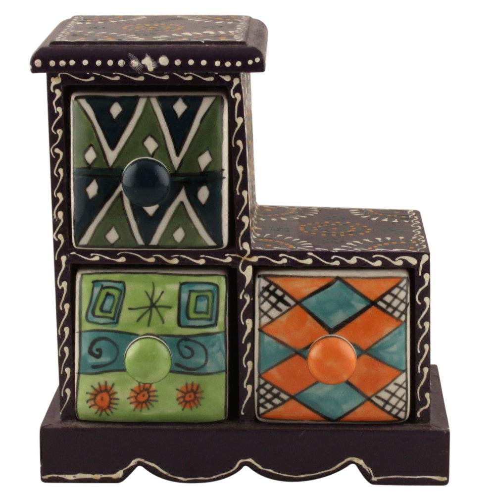 IndianShelf Handmade Wooden And Ceramic Multicolor Spice Dabba Rack Container Organizer Jewellery Masala Box (Three Darwer/6.75