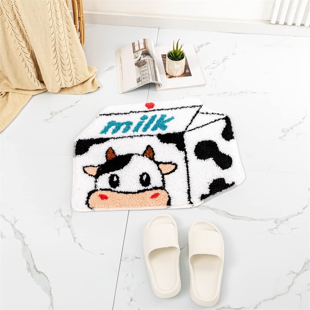 ZSCYD-yingda1992 Milk Cow Bathroom Rugs Milk Box Shaped Animals Non Slip Cute Bath Rug Soft Absorbent Microfiber Bathtub Door Mat for Bathroom Kitchen Floor Tub Shower Rug Black White