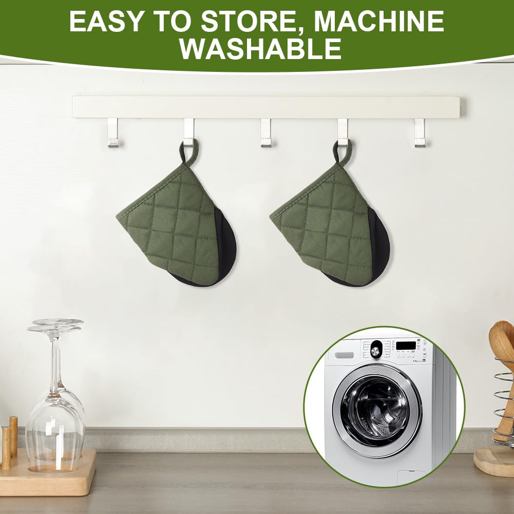 Auauy Mini Oven Mitts, 2 Count Green Small Oven Mitt 220?/428F Heat Resistant With Non-Slip Surface And Hanging Loop Mits, Kitch