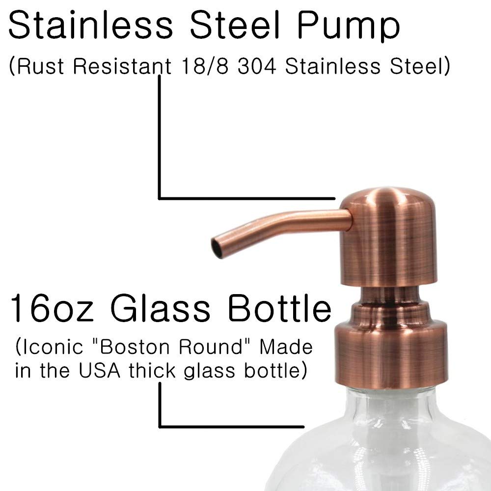 2 Pack Thick Clear Glass Pint Jar Soap Dispenser With Copper Stainless Steel Pump, 16Ounce Clear Boston Round Bottles Dispenser