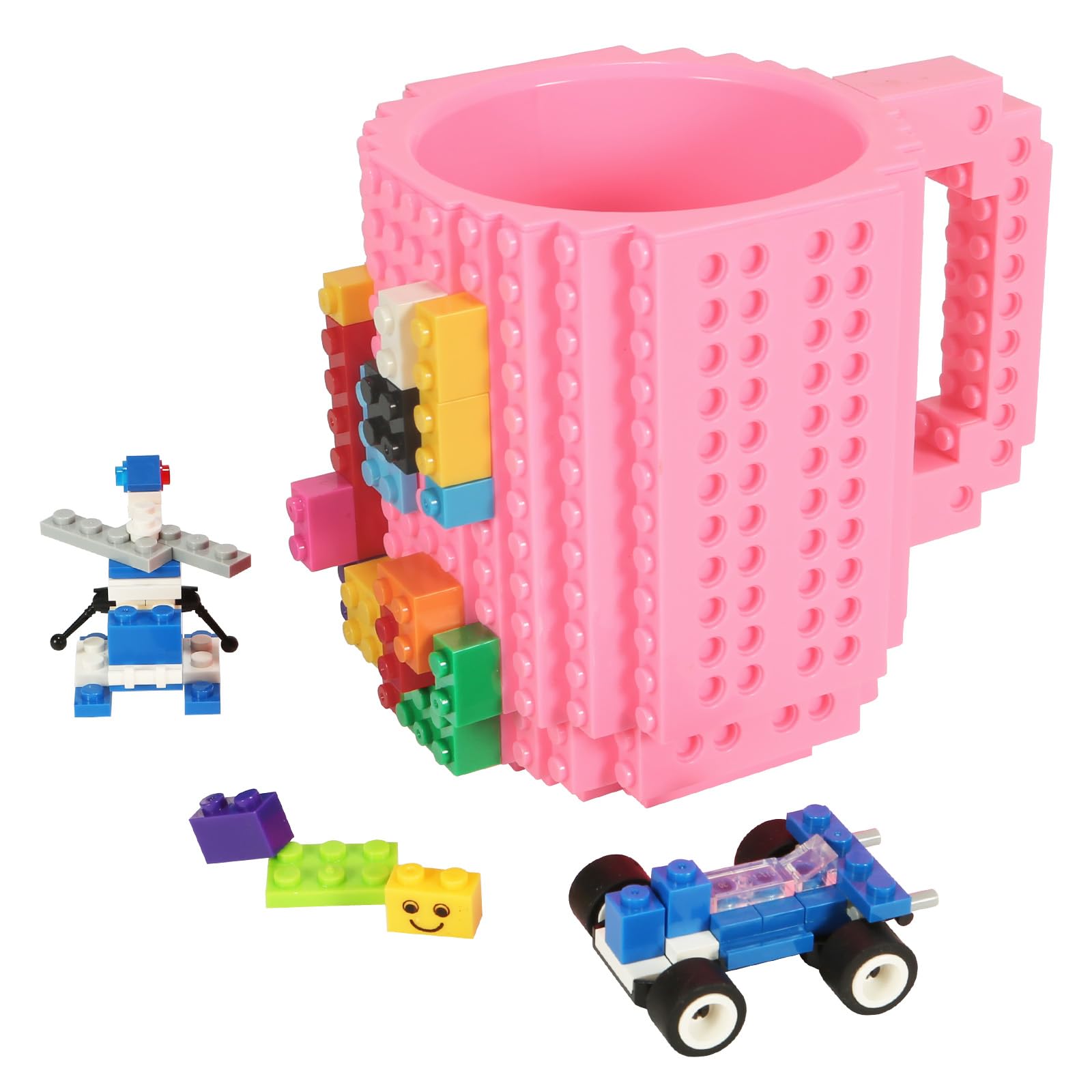 Lumsburry Build-On Brick Coffee Mug, Funny Diy Novelty Cup With Building Blocks Creative For Kids Men Women Xmas Birthday (Pink)