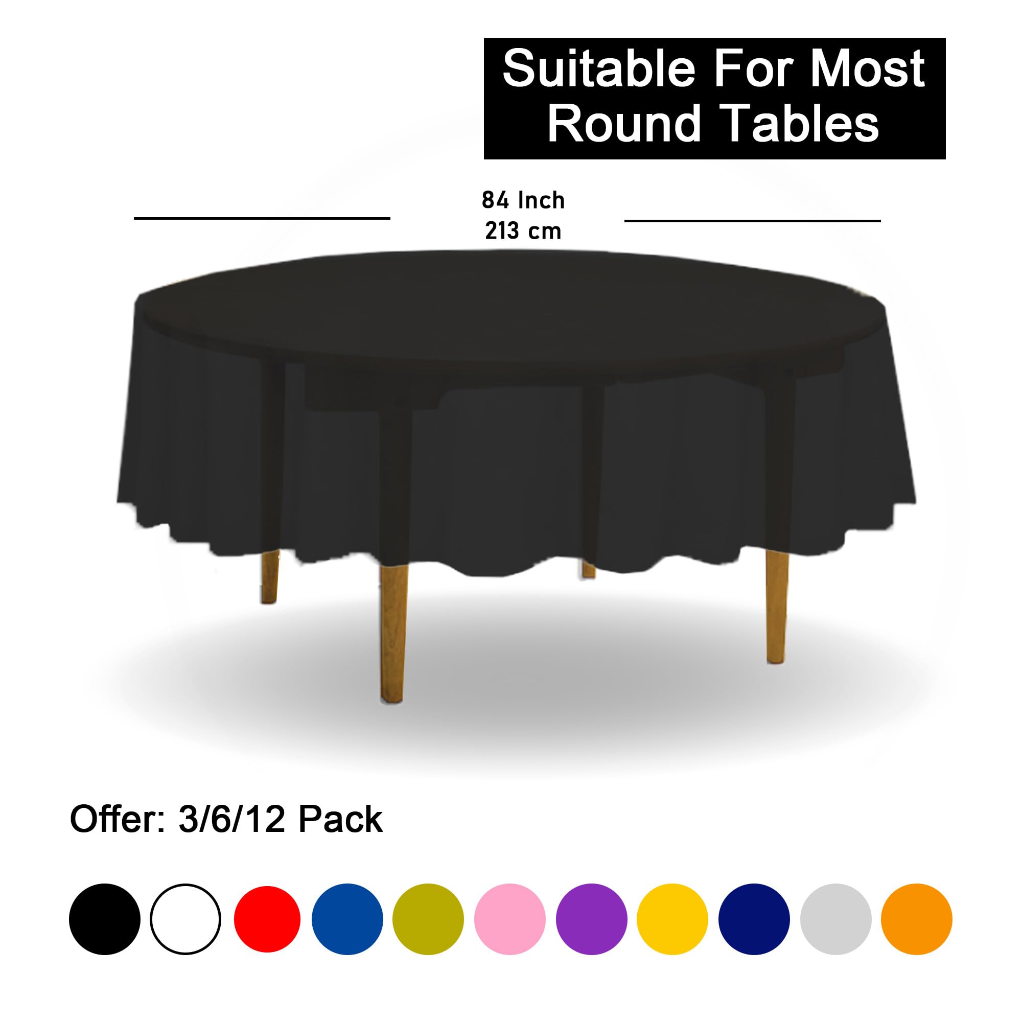 D&Z 12 Pack Black Plastic Tablecloth Table Cloth 84'' Round Disposable Table Cover For Party Birthday Wedding Halloween Thanksgi