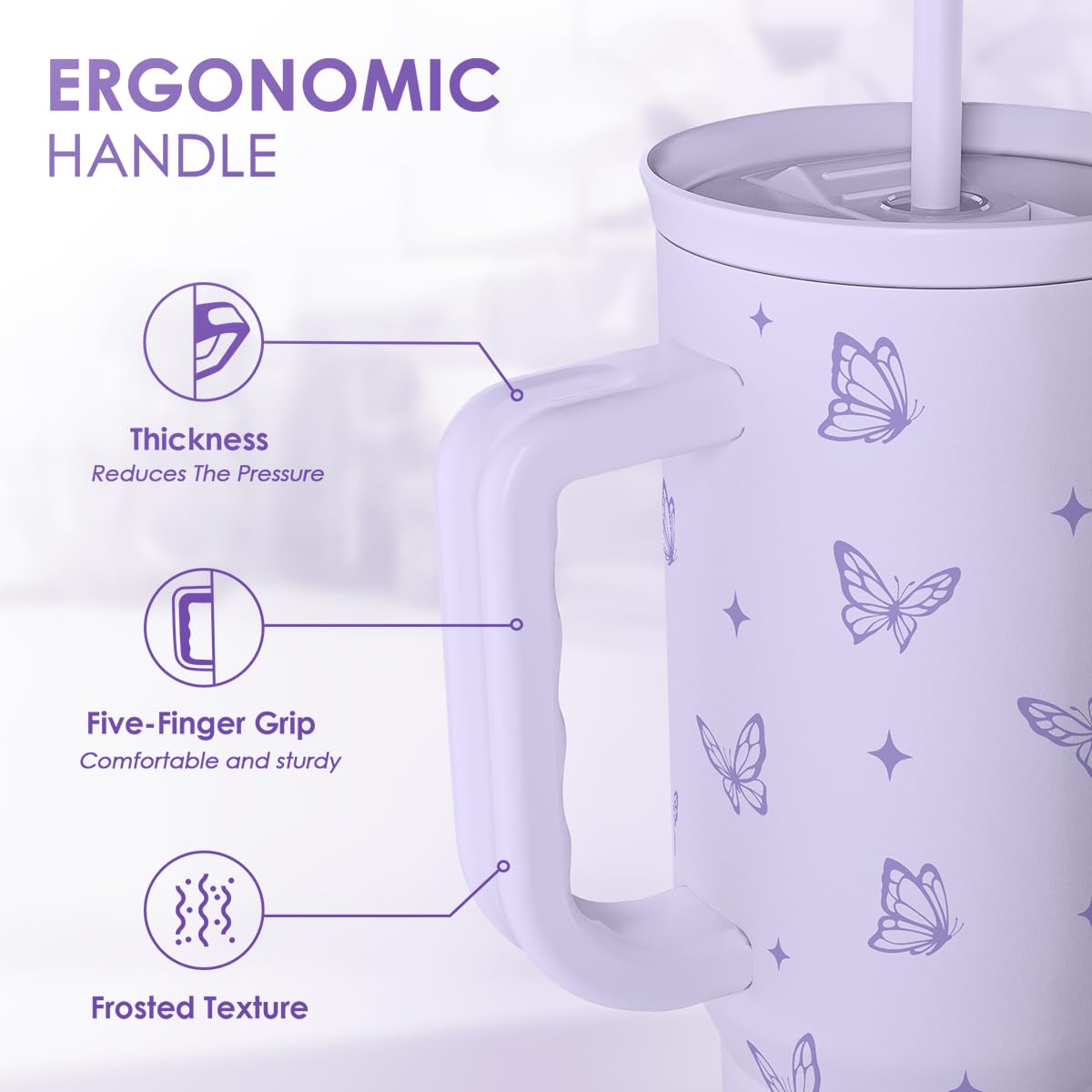 SANDJEST Butterfly Gifts for Women, Purple Butterfly Tumbler with Handle, Stainless Steel Insulated Coffee Travel Mug Cup, Gifts