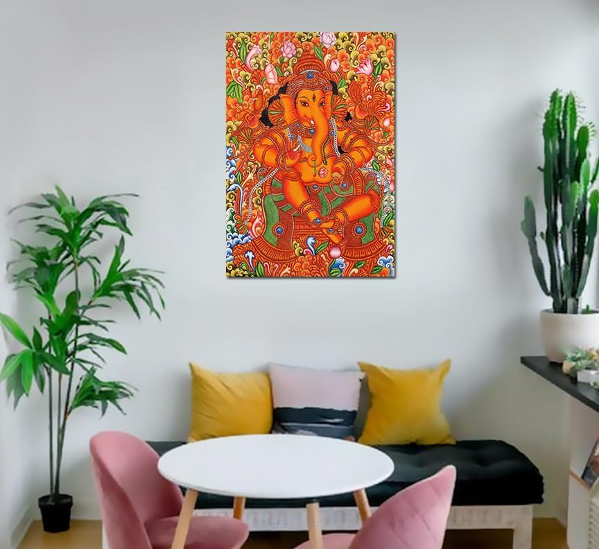 PIXELARTZ Kerala Mural Sri Ganesh Canvas Painting | Traditional Art Unframed Painting for Home dcor - Multicolour (17x23 Inches,