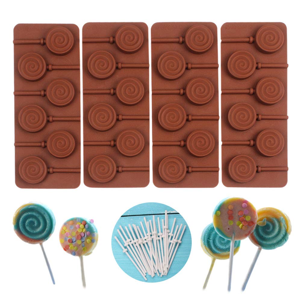Cooknbake Round Silicone Mold For Lollipop Hard Candy Chocolate Cake Decorating With 24Pcs Reusable Sticks Swirl Shape Set Of 4