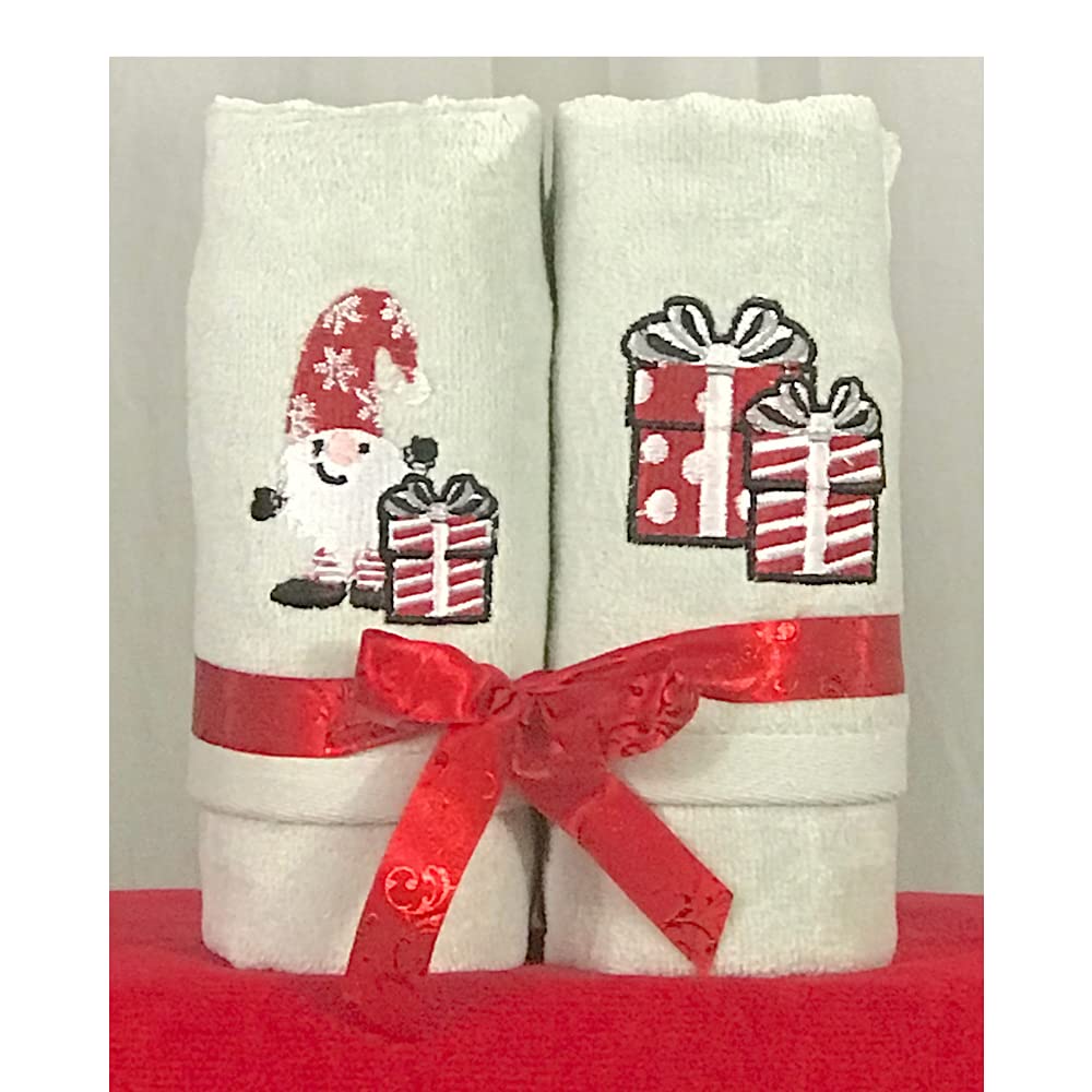 Christmas Fingertip Towel Set: Gnome Present Like Your Present, Grey Hand Towels With Red White Embroidery Jolly Gnome Present,