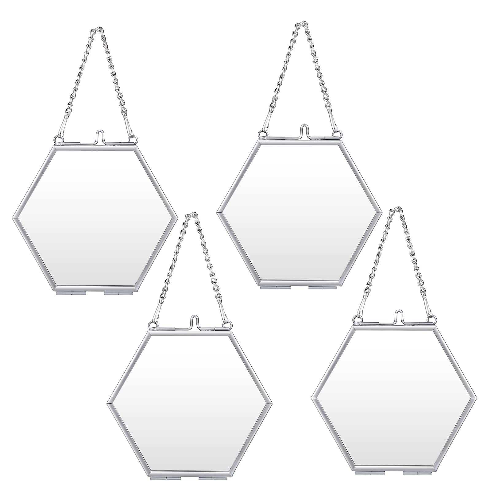 JUXYES Set of 4 Hexagon Mini Brass Wall Hanging Photo Frame, Golden Glass Hanging Picture Artwork Display Frame, Double Glass Fl
