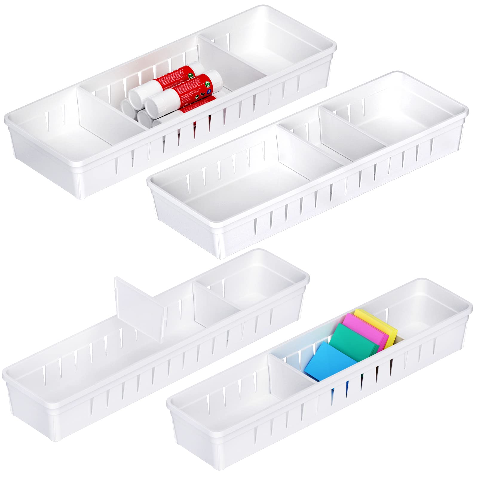 Pluspace Desk Drawer Organizer Tray 4 PCS Plastic Office Drawer Organizer Set Makeup Organizer Dividers with Non-Slip Silicone P