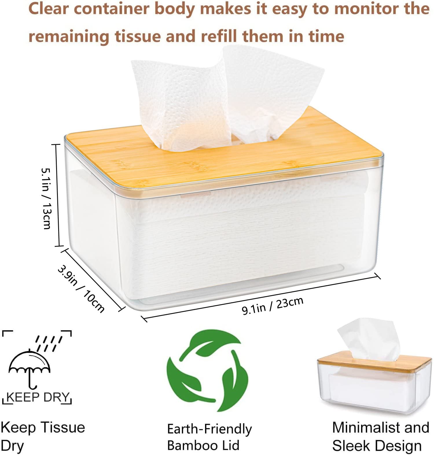 Tissue Holder, Dryer Sheet Dispenser Box With Bamboo Wood Lid, Transparent Container, Modern Minimalist Design. Tissue Organizer