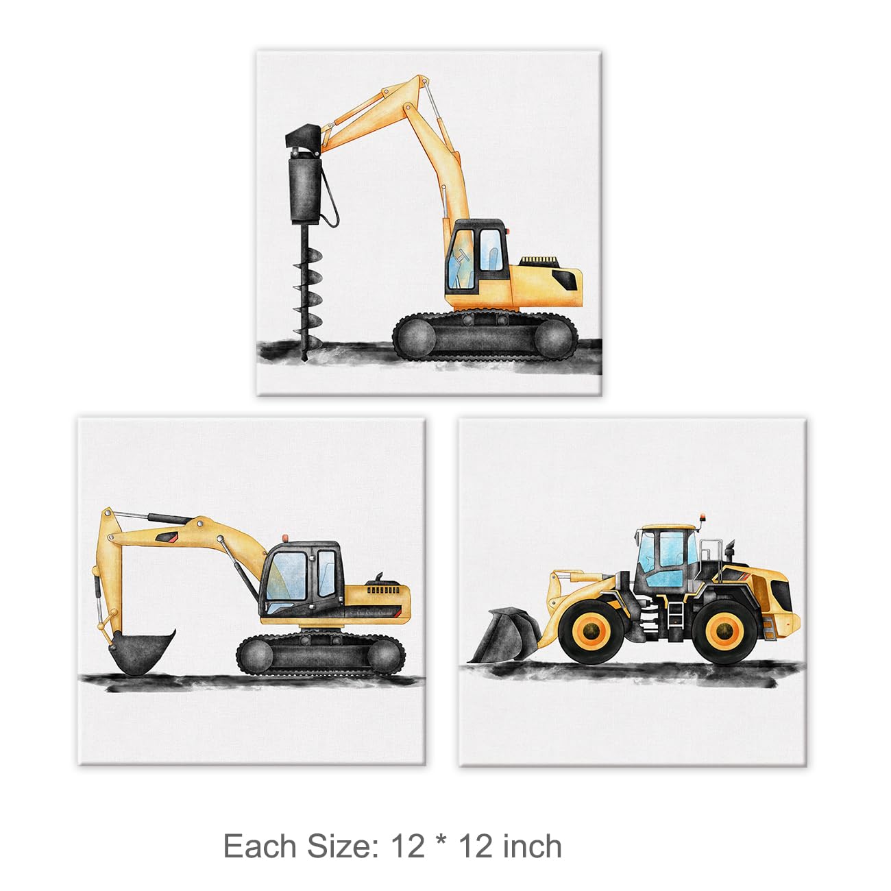 Set Of 3 Construction Truck Nursery Canvas Wall Art Framed Paintings Prints Watercolor Digger Dump Truck Vehicle Art Canvas Wall