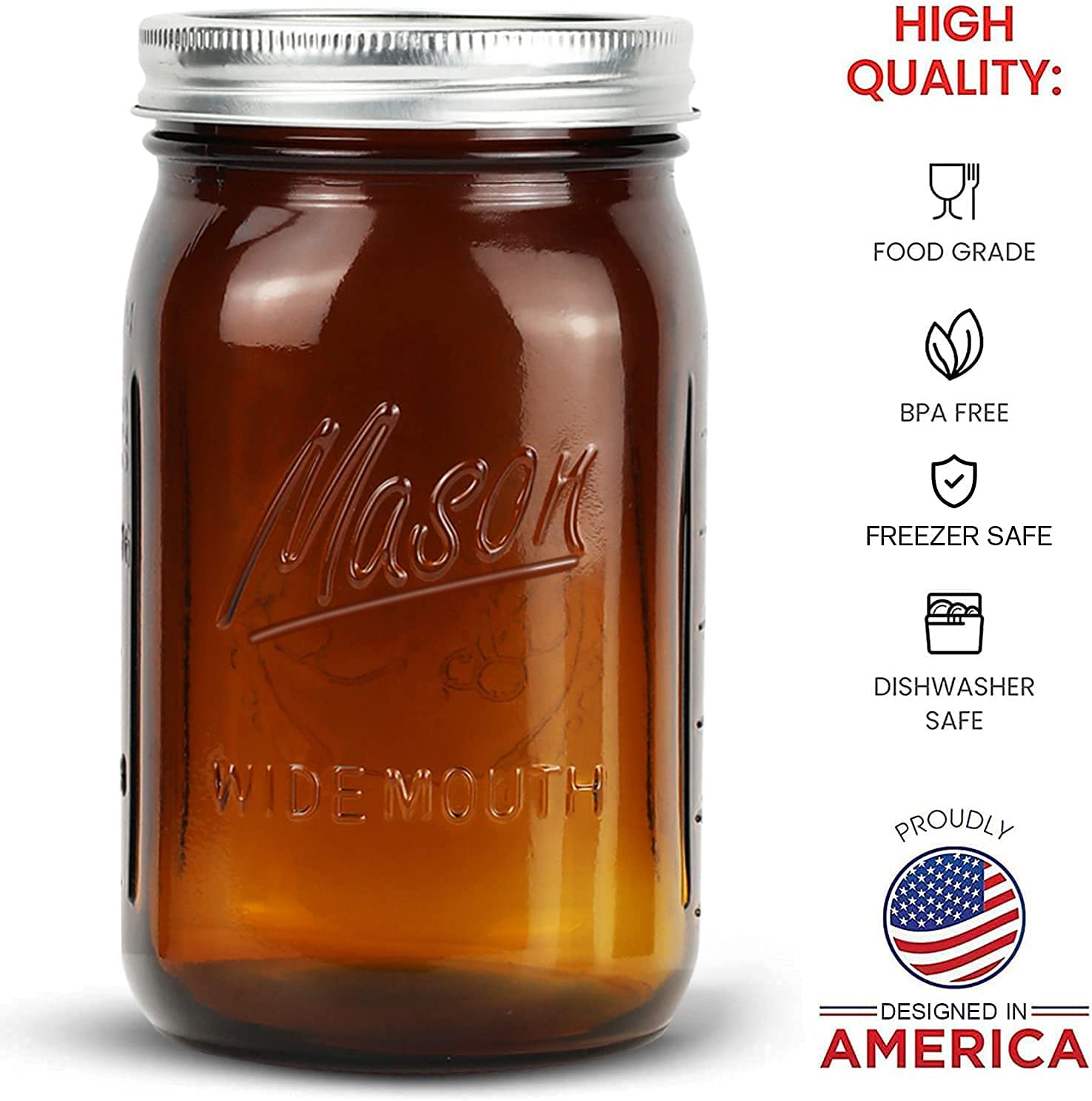 Polytun Amber Glass Mason Jars 32 Oz Wide Mouth With Airtight Lids And Bands 6 Pack, Amber Clear Glass Canning Mason Jars, Quart
