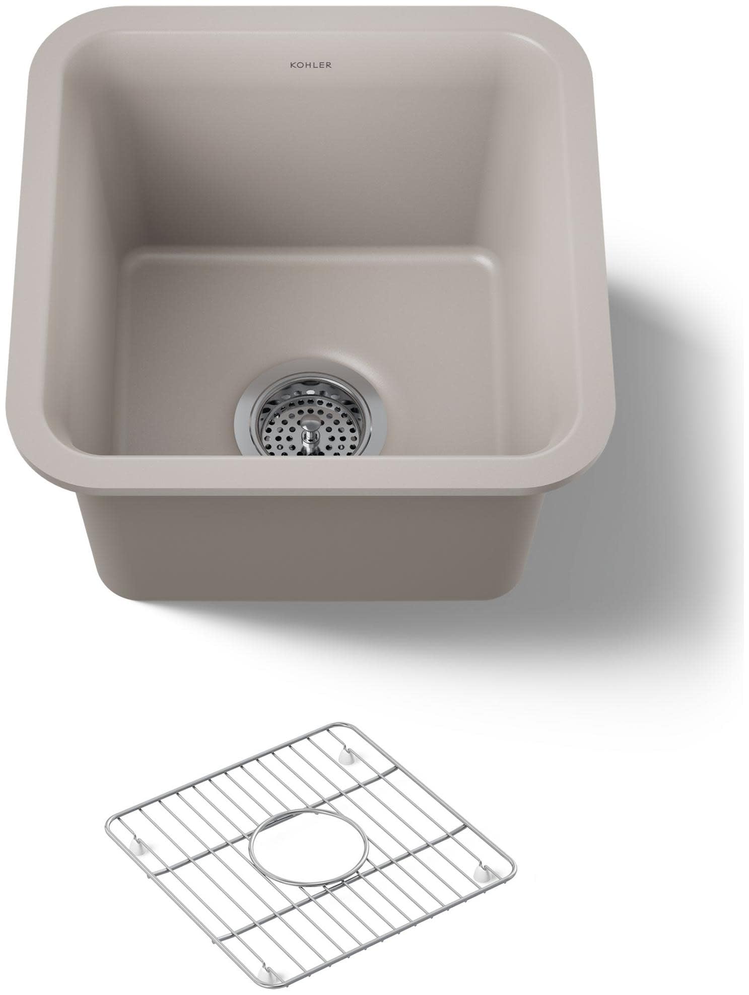 KOHLER K-8223-CM3 Cairn 15.5 Neoroc Composite Undermount Single-Bowl Bar Sink, Composite Bar Sink with Sink Rack, Matte Taupe