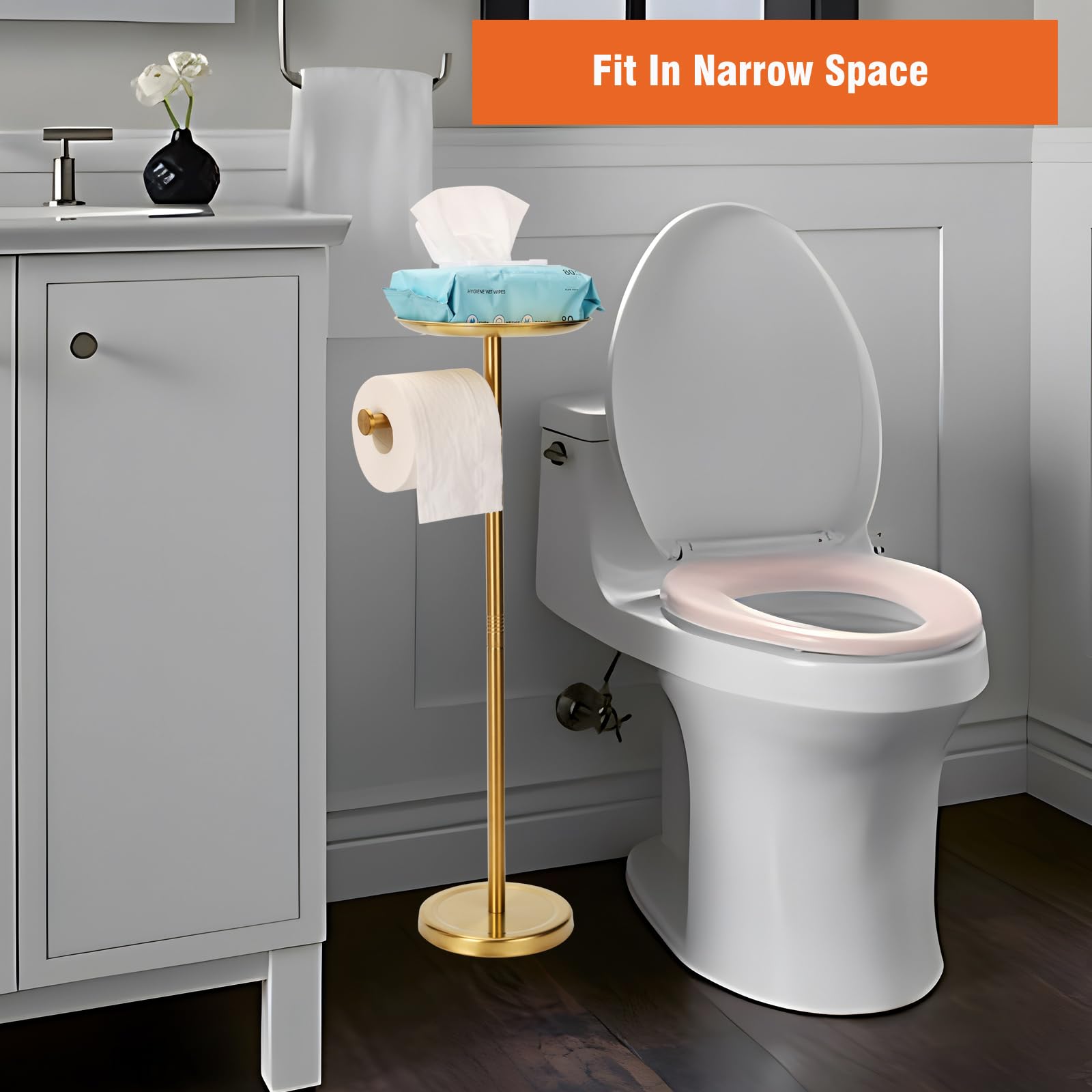 Tofix Toilet Paper Holder With Shelf, Gold Toilet Paper Holder With Tray At The Top, Freestanding Toilet Paper Holder (Stainless