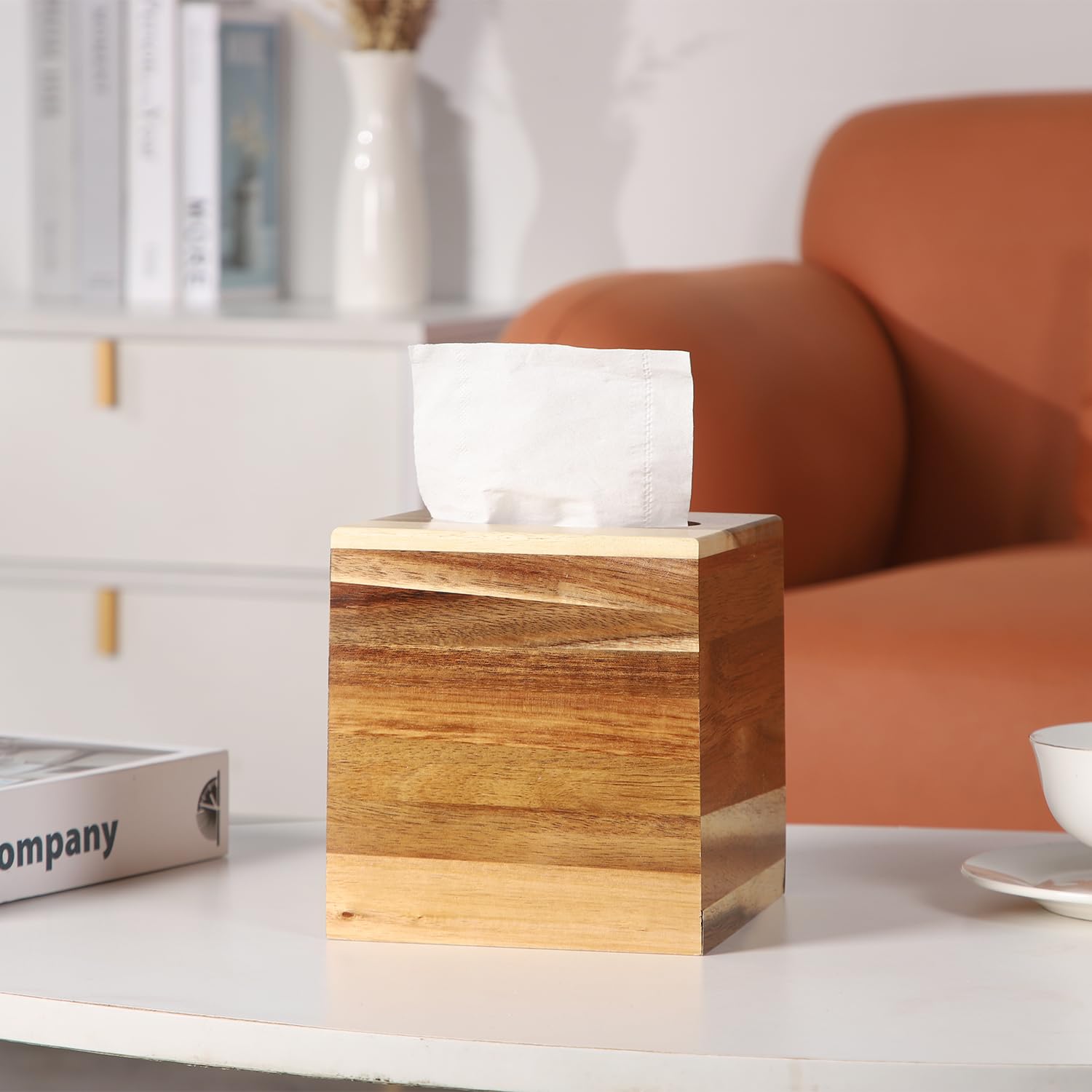 Catory Tissue Box Cover, Acacia Wood Tissue Box Cover Square, Rustic Tissue Box Holder Covers Your Tissues, Decorative Tissue Cu