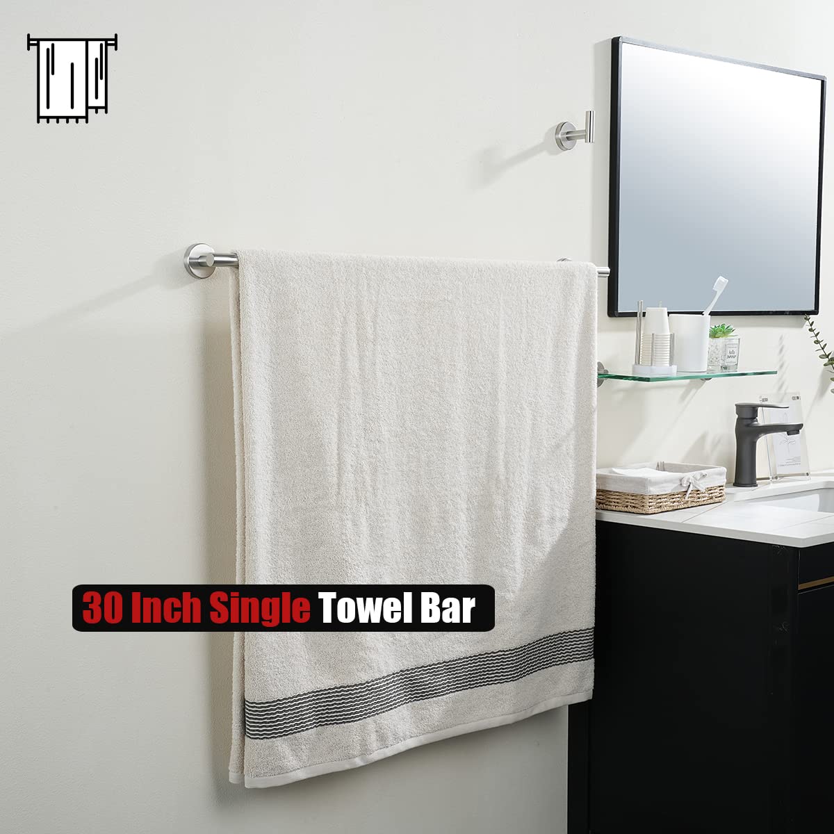 JQK Bath Towel Bar  30 Inch 304 Stainless Steel Thicken 0.8mm Single Towel Rack for Bathroom  Towel Holder (Brushed Finished) Wall Mount  32.91 in Total Length  TB110L30-BN