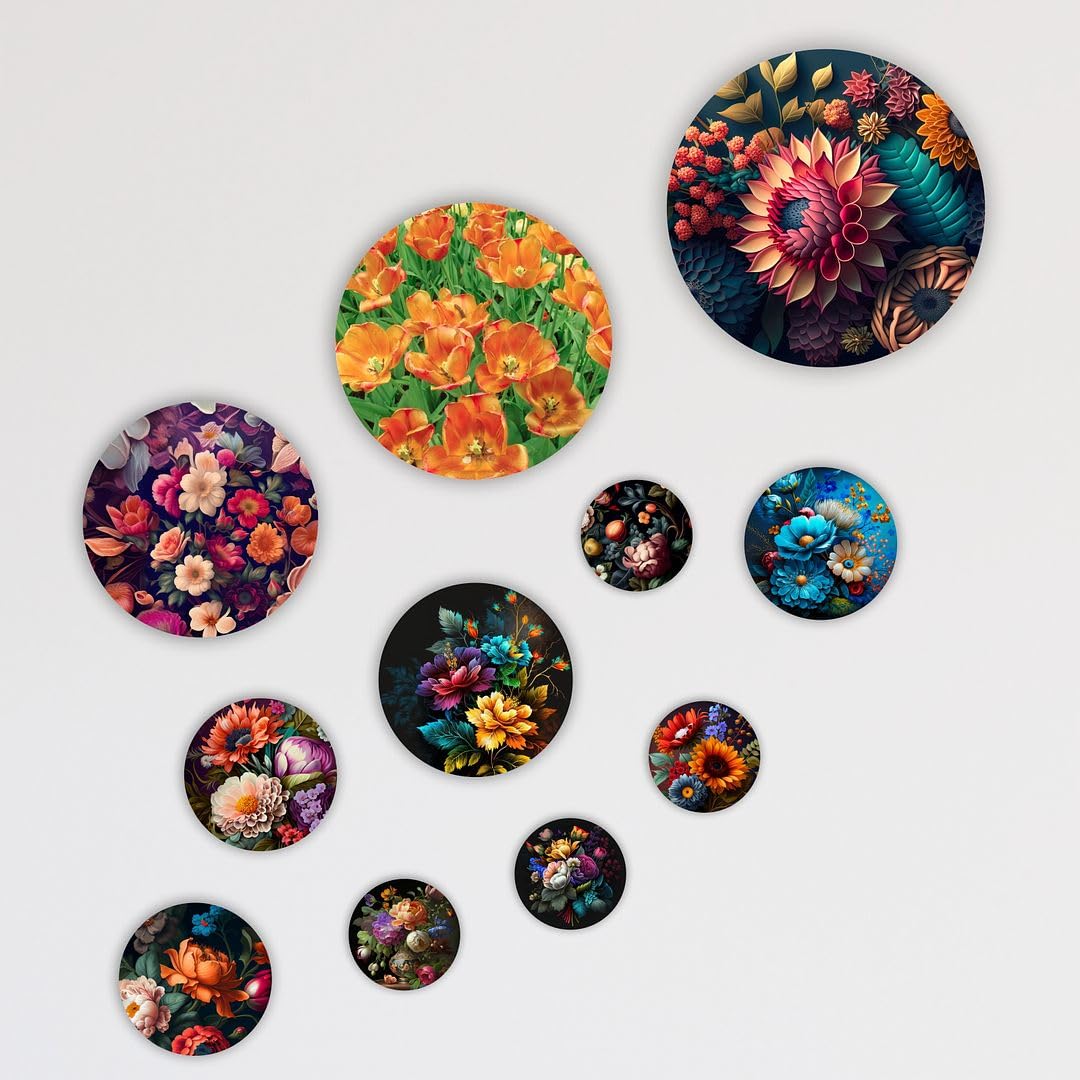 Cvanu Set Of 11 Floral Design Printed On Round Shaped Wall Art Hanging Self-Adhesive Double Sided Tape For Wall Decoration_C118