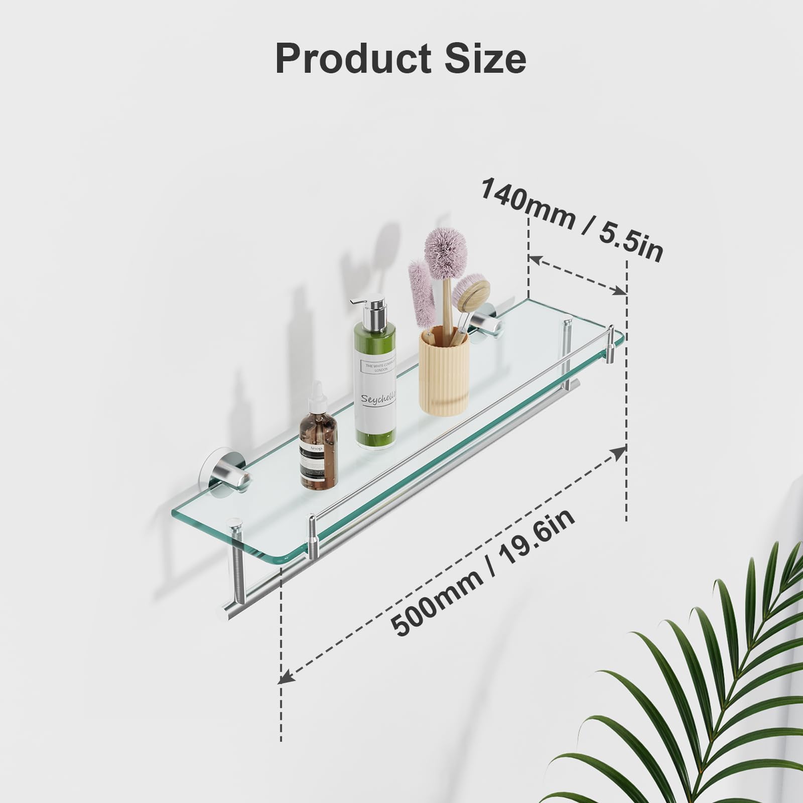 KOCOK 20 Inch Glass Bathroom Shelf with Towel Bar, Brushed Nickel Stainless Steel Wall Mount, Model ML162024