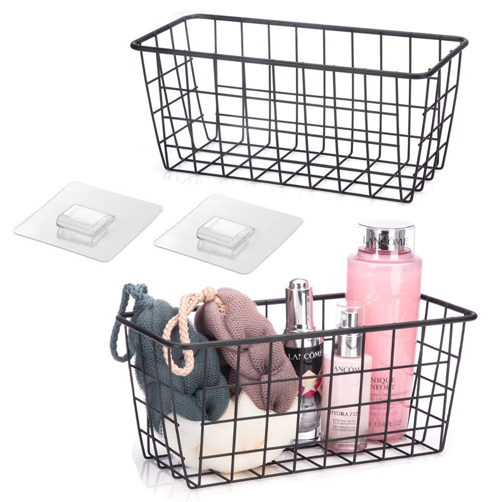 Hanging Kitchen Baskets Adhesive Sturdy Wire Storage Baskets With Kitchen Food Pantry Bathroom Shelf Storage No Drilling Wall Mo