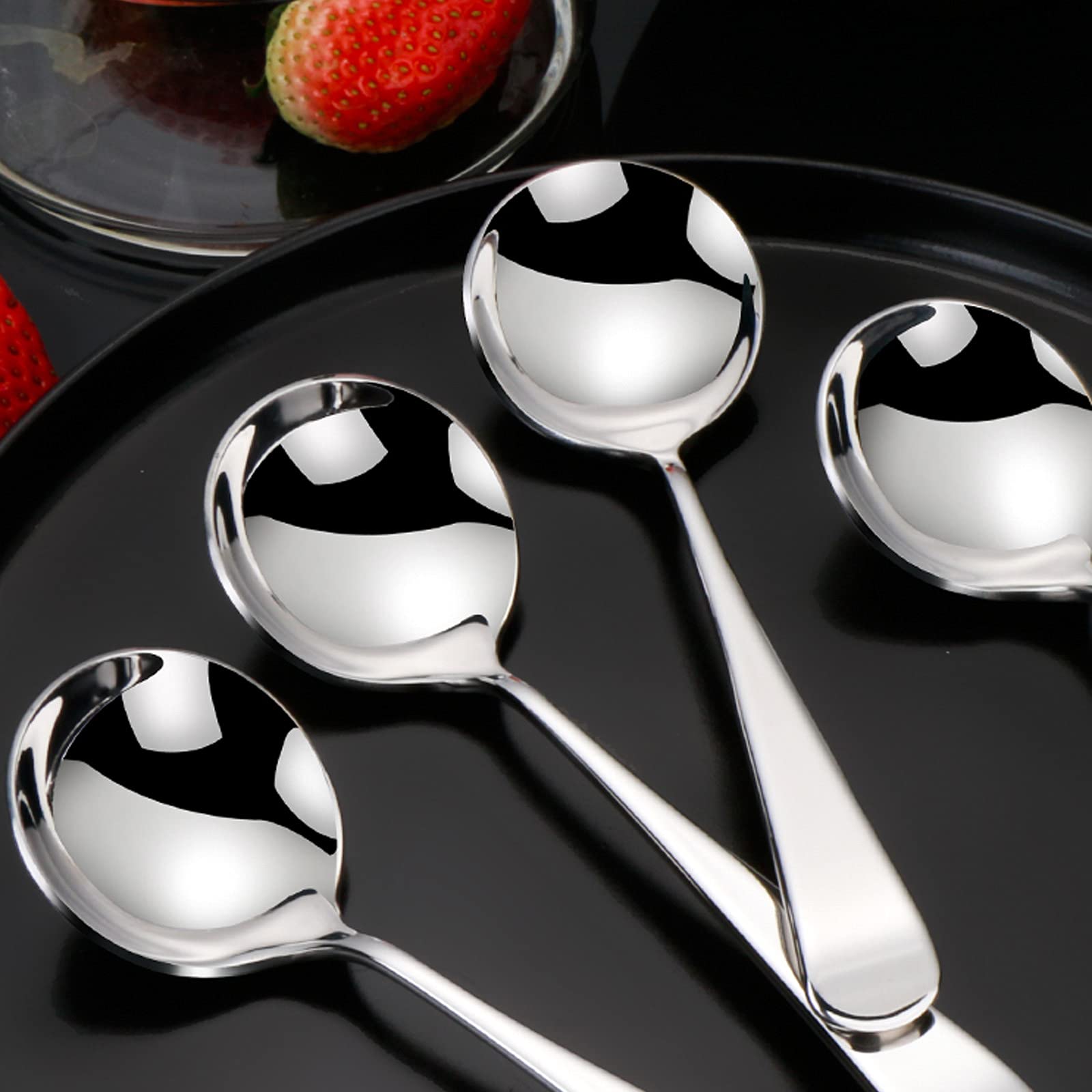 Metal Soup Spoons,Stainless Steel Spoons For Soup Round Colorful Dinner Spoons Thick Short Handle Table Spoon 6.3-Inch, Set Of 6