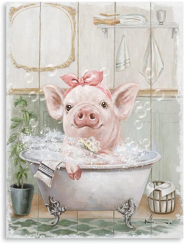 Pink Pig Bathroom Wall Art Pink Bathroom Decor Cute Animal Framed For Bedroom Living Room Kitchen And Kids Bathroom(16''X24''X1