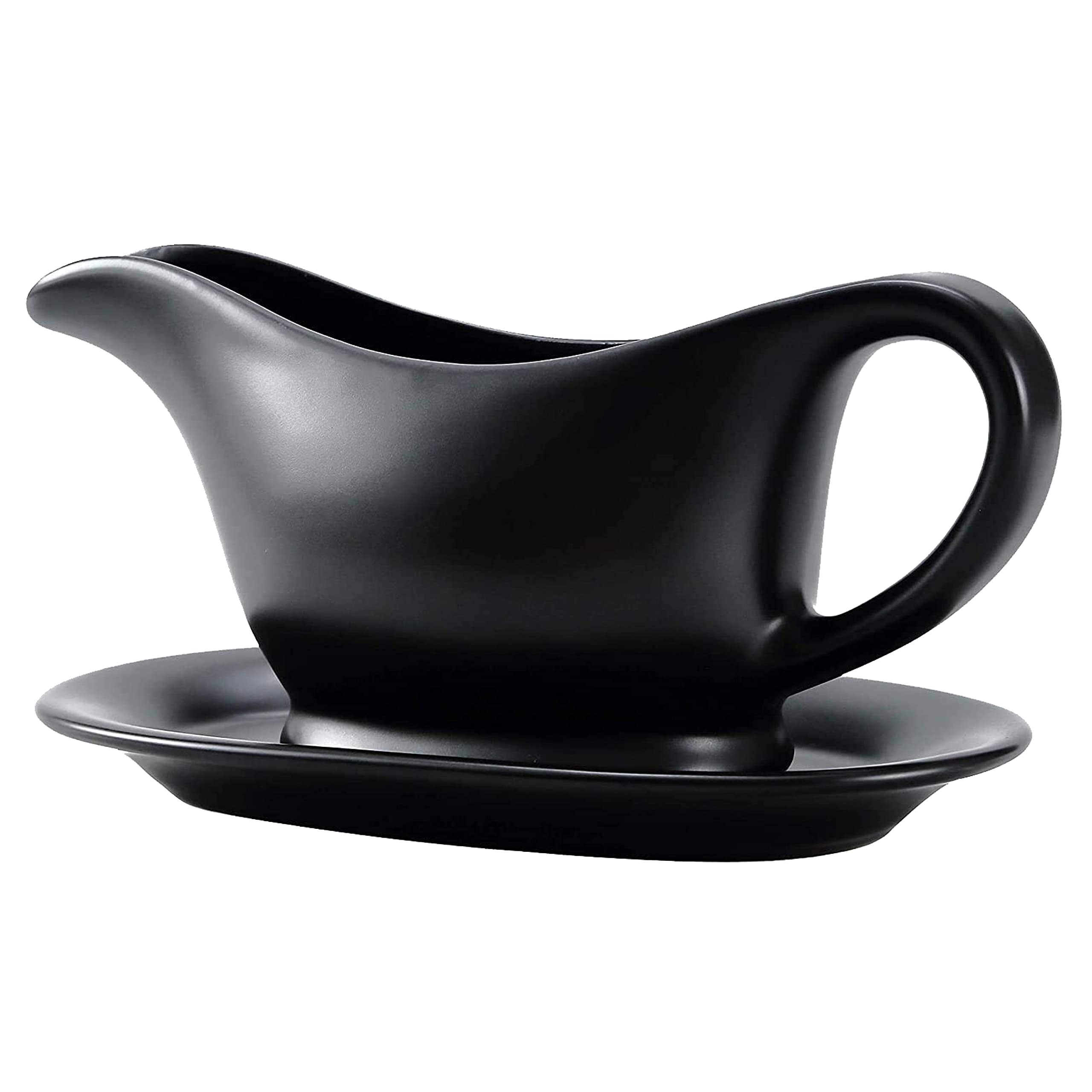 Bruntmor 11 Oz Black Ceramic Gravy Boat With Tray, 11 Ounce Small Ceramic Serving Dish, Dispenser With Tray For Sauces, Dressing