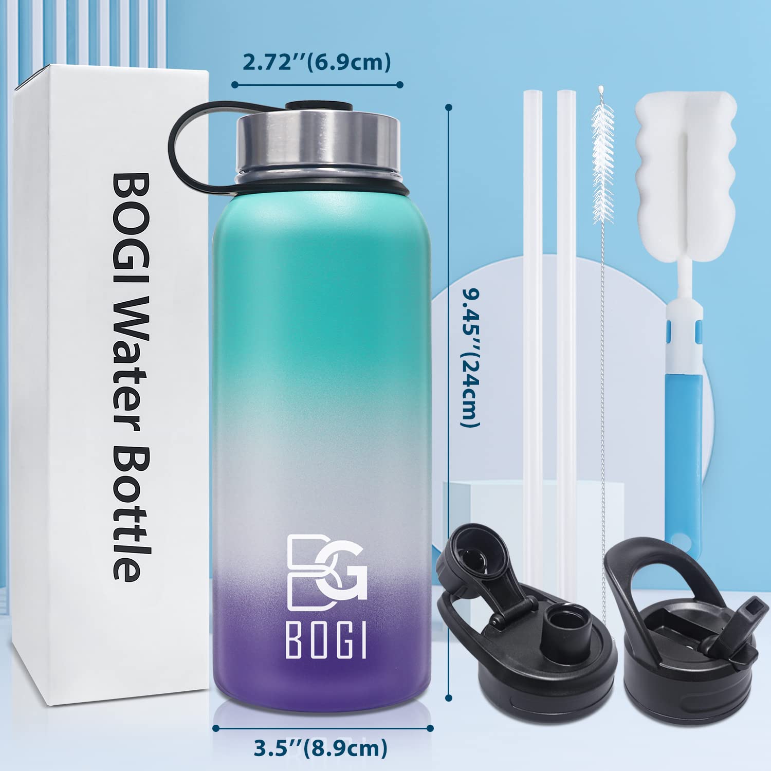 BOGI Insulated Water Bottle 32 oz  Double Wall Vacuum Stainless Steel Water Bottle with Straw and 3 Lids  Sweat-Proof Wide Mouth Steel Water Bottle Keeps Hot or Cold for Sports Gym Office (Color 1)