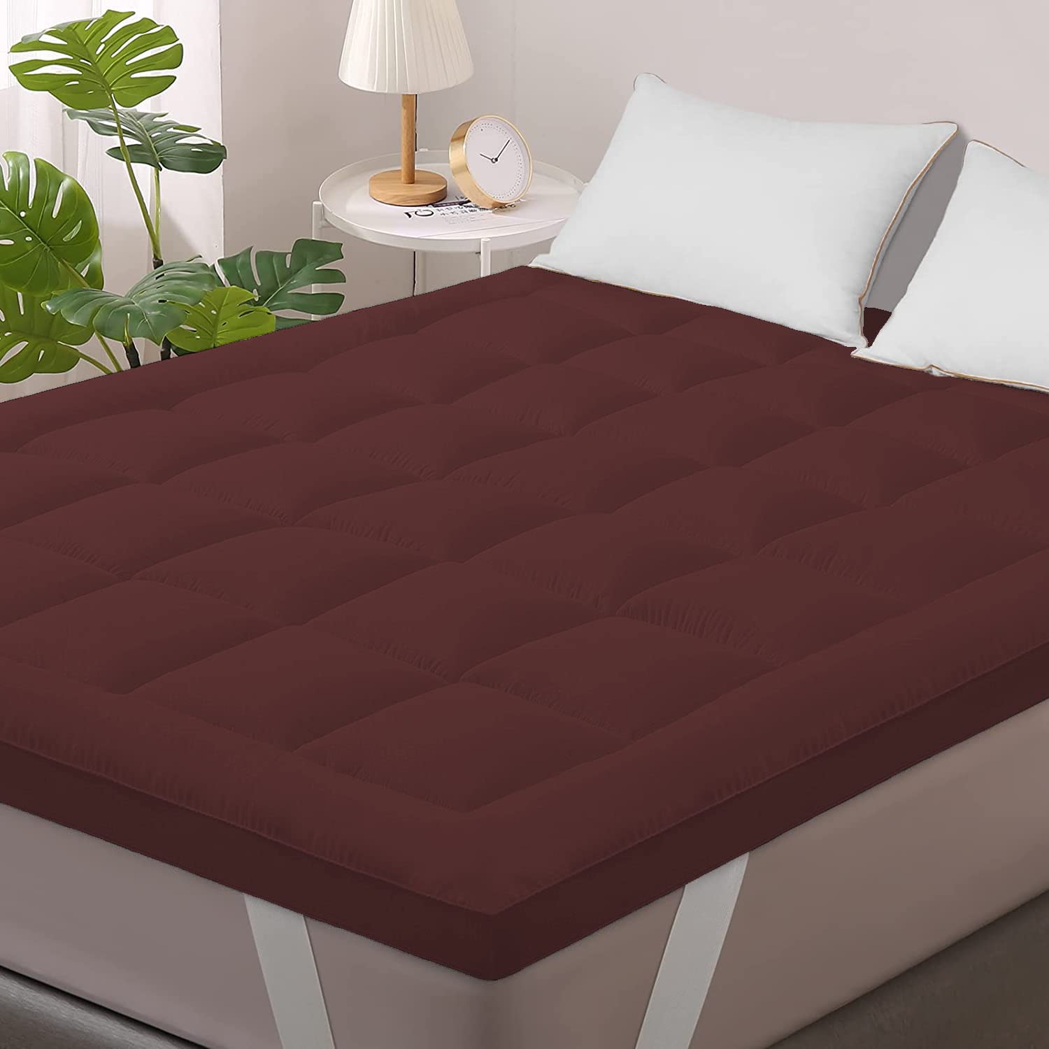 Jaipur Linen 800GSM Hollow Fibre Mattress Padding/Topper Maroon for King Size Bed72 Inch X 78 Inch