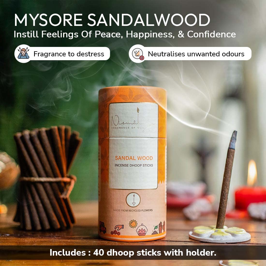 Nirmalaya 100% Natural Mysore Sandalwood Dhoop Sticks for Pooja 40 Sticks | Bamboo Less Dhoop Sticks for Home/Office | Dhup for