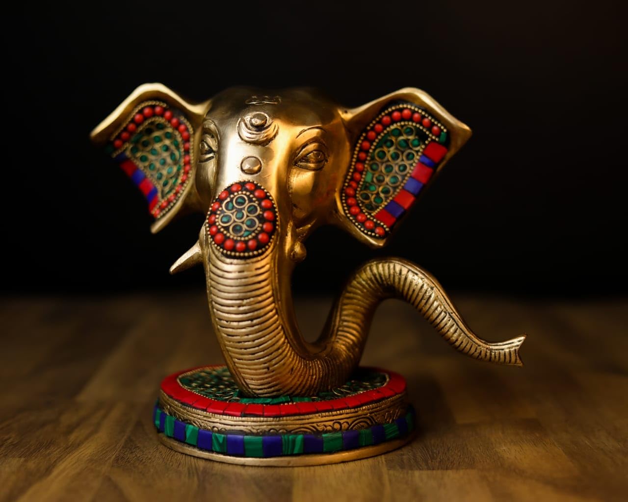 Mridaya Brass Ganesha Head Statue With Basestonework, 23 Cm Brass Ganesh Statue, Ganpati Idol, Good Luck Gift For New Beginnings