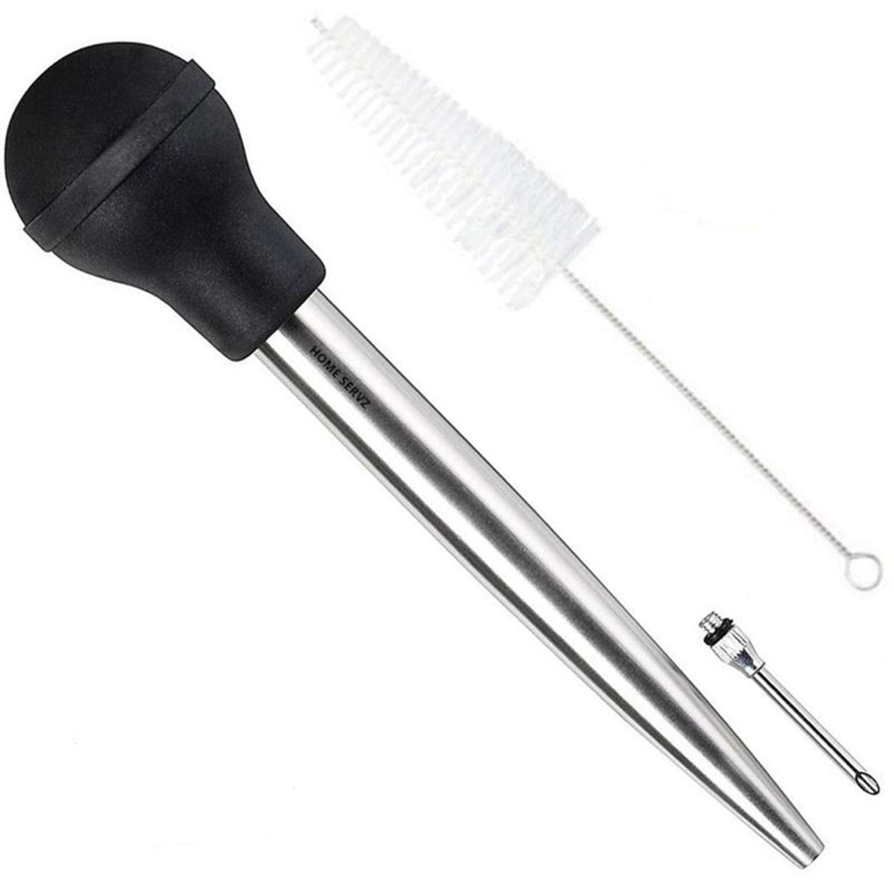 Home Servz 304 Stainless Steel Turkey Baster Syringe Injector Needle With Cleaning Brush- black Rubber Bulb