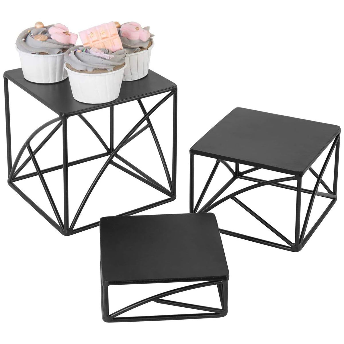 Mygift 6 Inch Square Matte Black Metal Wire Nesting Cupcake Dessert Risers, Art Deco Tabletop Pizza Food Serving Stands For Home