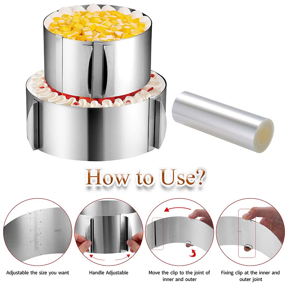Cake Rings Mousse Mold Acetate Cake Collar Set - Adjustable 6 To12 Inches Stainless Steel Baking Rings Round Cake Molds With 5.5